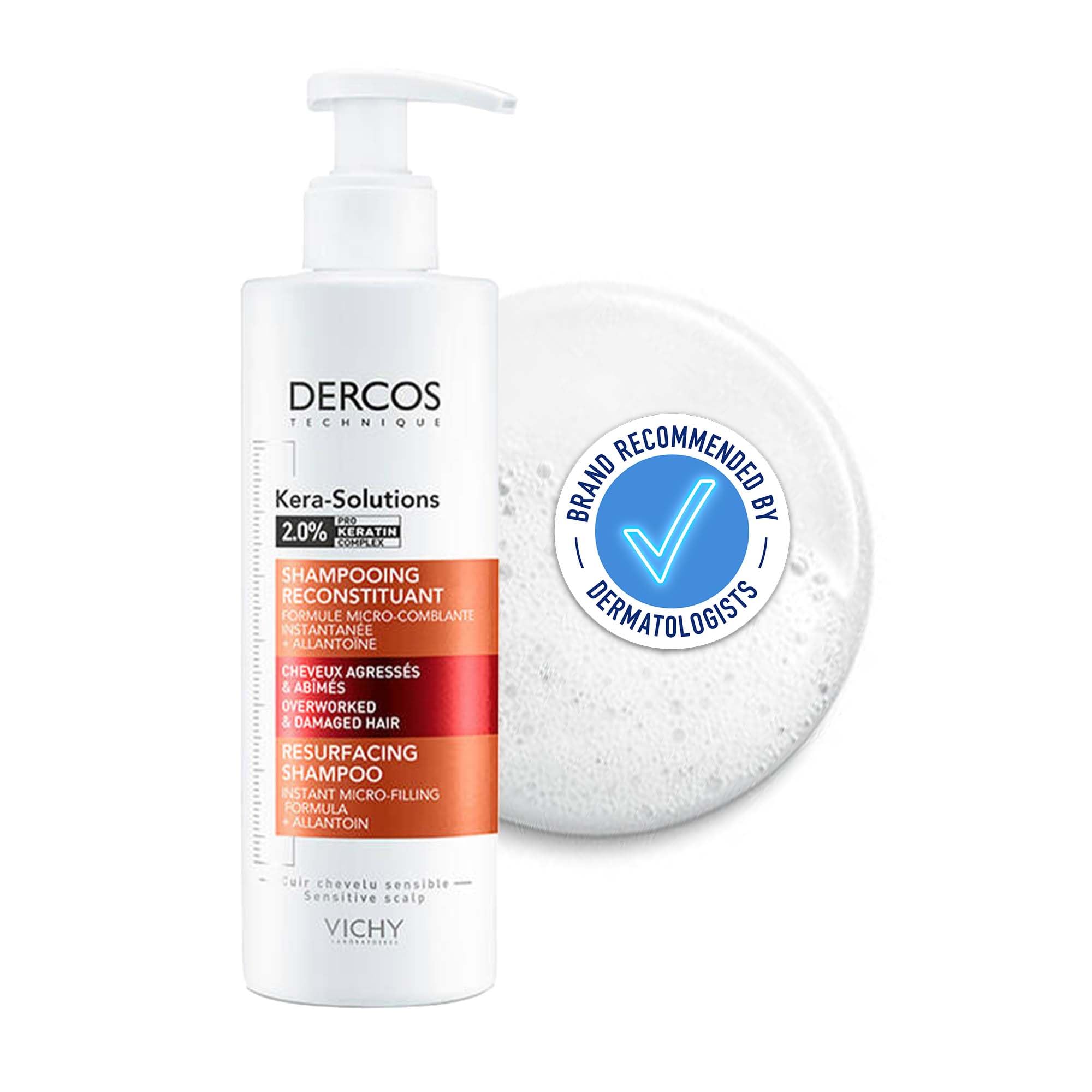 Vichy Dercos Kera-Solutions Resurfacing Shampoo for Damaged Hair - 250ml Sulfate-Free Hair Repair Treatment - Perfect for Dry, Frizzy & Color-Treated Hair at Home or Salon Use
