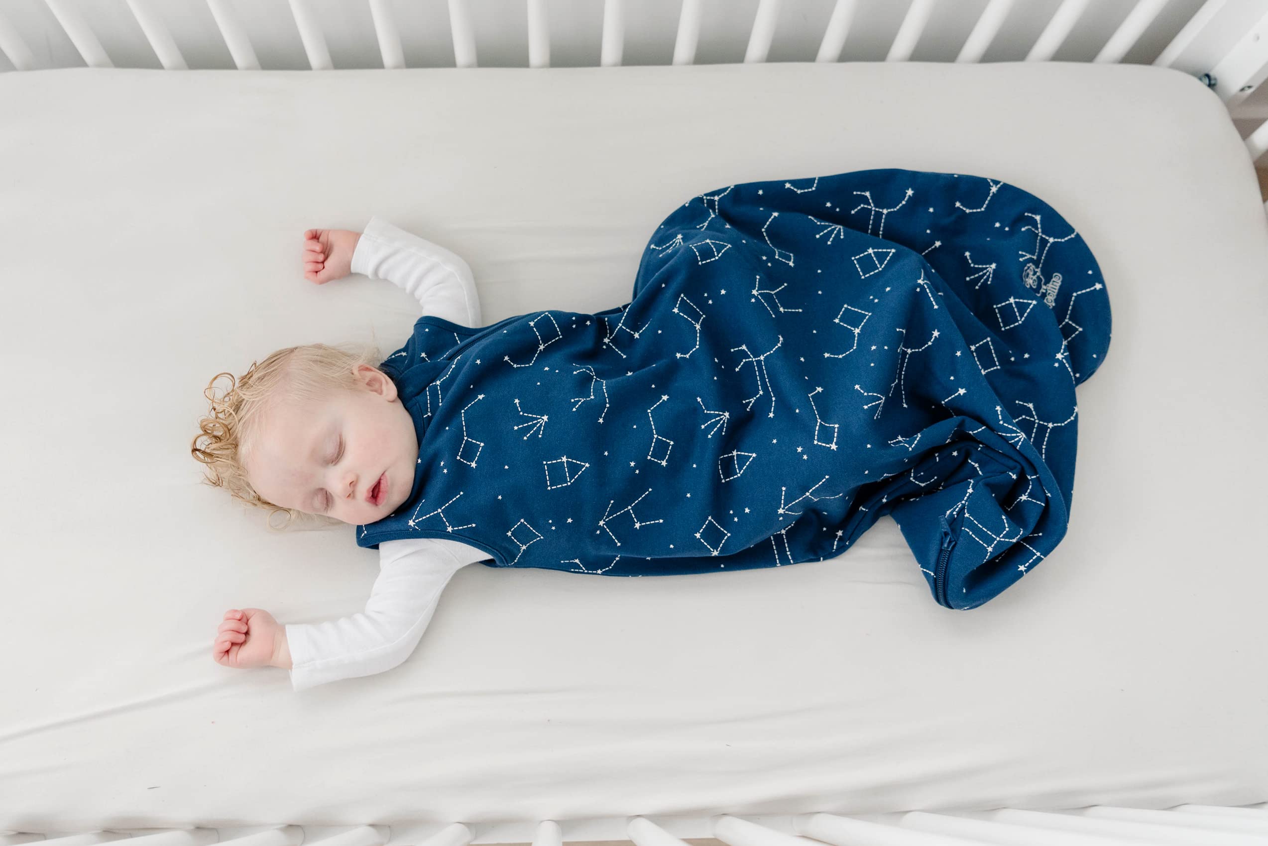 Woolino 4 Season Baby Sleep Sack - Merino Wool & Organic Cotton Sleeping Bag for Infants & Toddlers 18-36 Months with Two-Way Zipper - Night Sky Design - Perfect for Nursery, Daycare & Travel