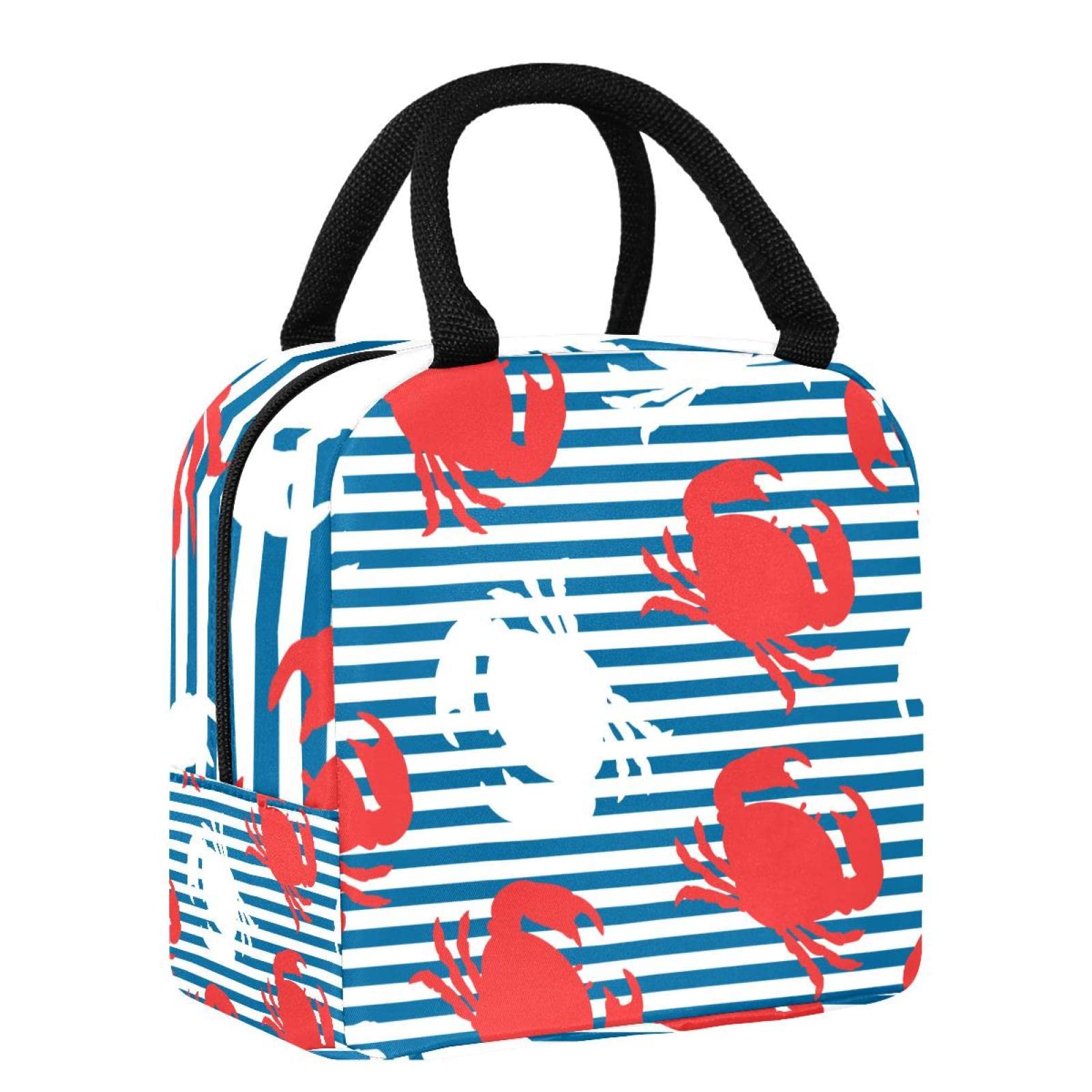 **Insulated Lunch Box with Red, White, and Blue Crab Stripes - Leak-Proof Cooler Tote for School, Work, Picnic & Outdoor Travel - Food Container for Men & Women**    *(Perfect for office lunches, beach picnics, hiking snacks, and school meals!)*