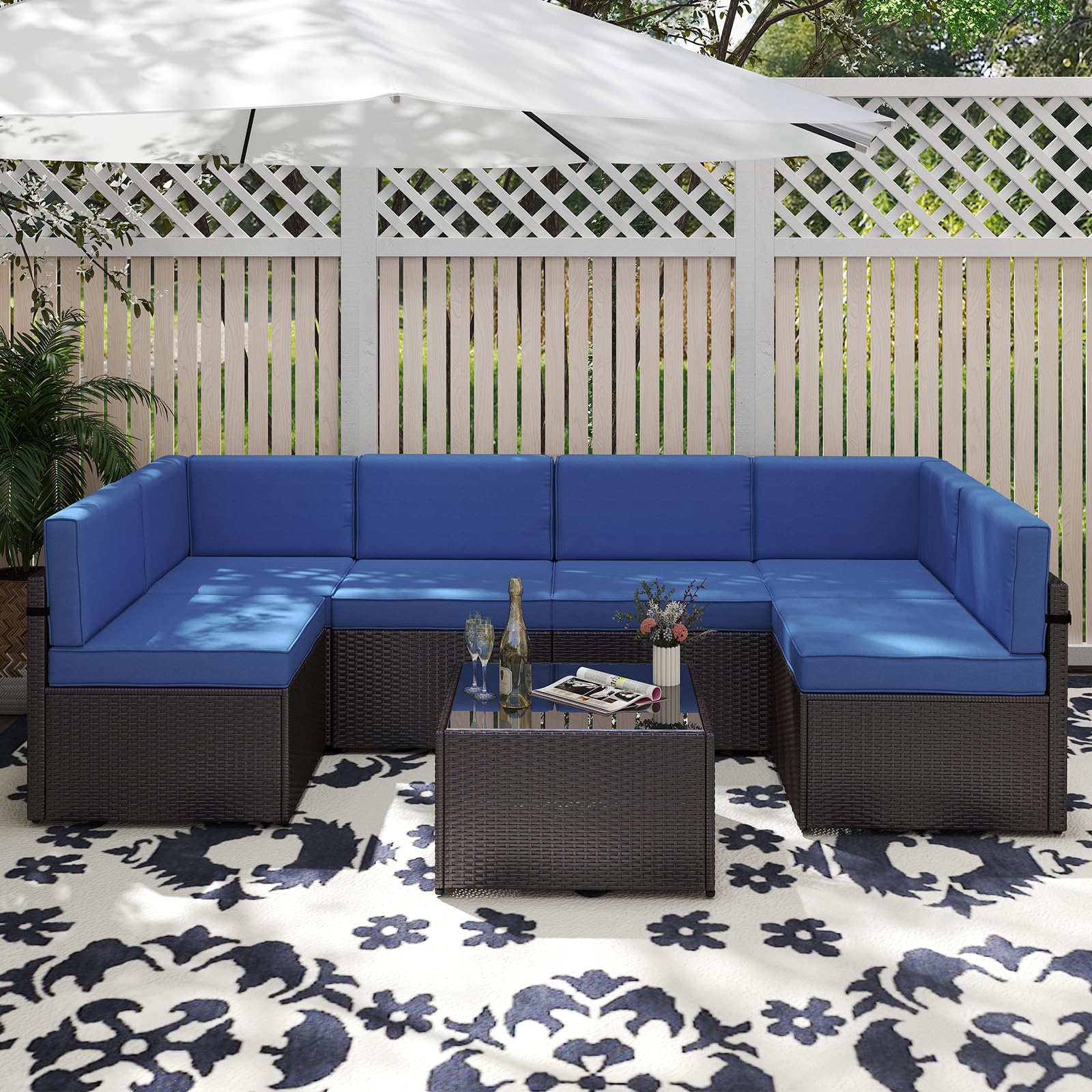 Peach Tree 7-Piece All-Weather Outdoor Sectional Sofa Set with Washable Cushions & Coffee Table - Patio Rattan Furniture for Backyard, Poolside, Garden & Deck Relaxation