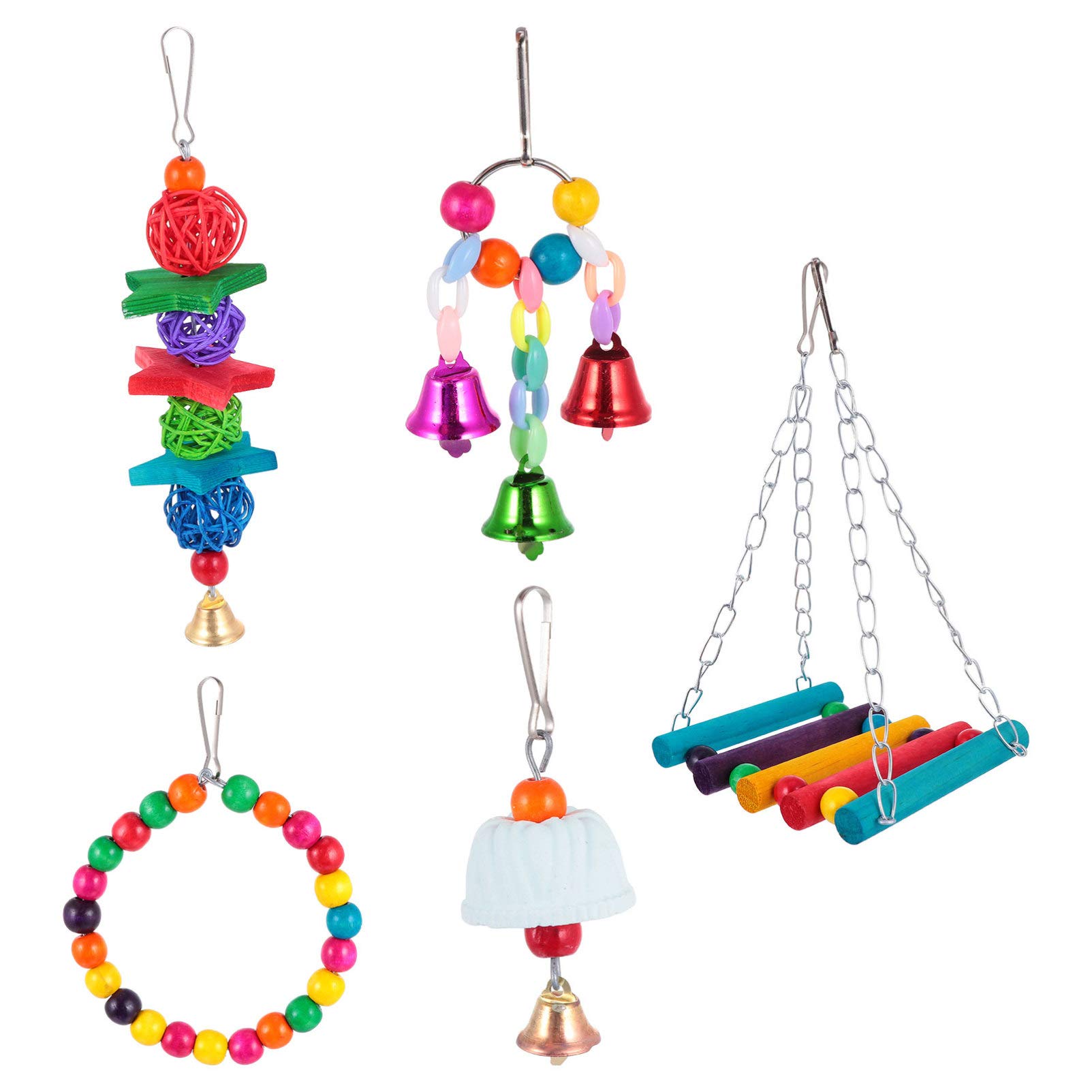 Balacoo 5pcs Natural Wooden Parrot Chew Toys - Hanging Swing & Bird Cage Accessories for Small & Medium Birds | Perfect for Playtime, Exercise & Beak Conditioning