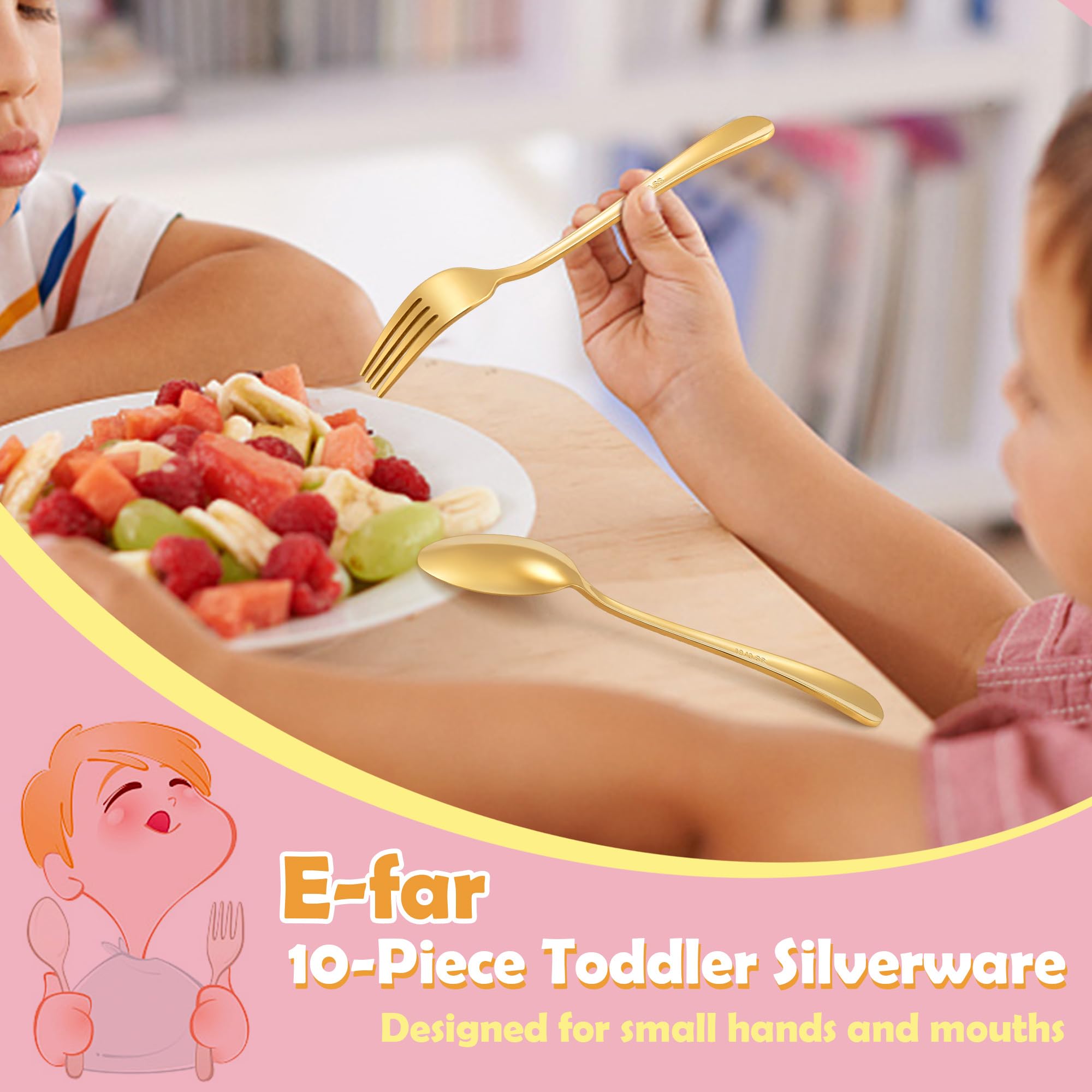 E-far 10-Piece Stainless Steel Toddler Forks and Spoons Set - Safe, Non-Toxic Kids Utensils for Self Feeding - BPA-Free Baby Silverware for Home, Travel & Daycare Use