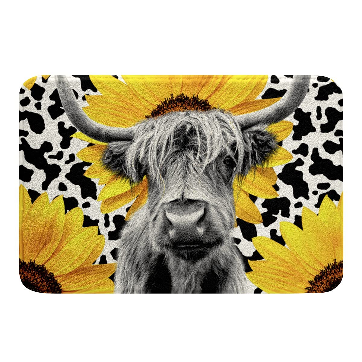 Non-Slip Highland Cow Bath Rug - Soft Fleece Water Absorbent Bathroom Mat with Sunflower Design, 16