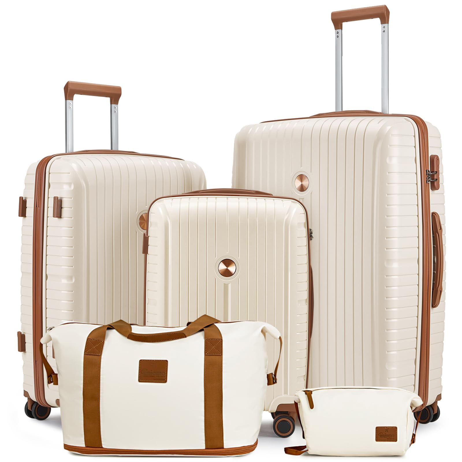 Joyway 5-Piece Hardshell Luggage Set - Lightweight PP Carry-On Suitcase with Double Spinner Wheels & TSA Lock (Beige Brown) - Perfect for Air Travel, Business Trips & Family Vacations