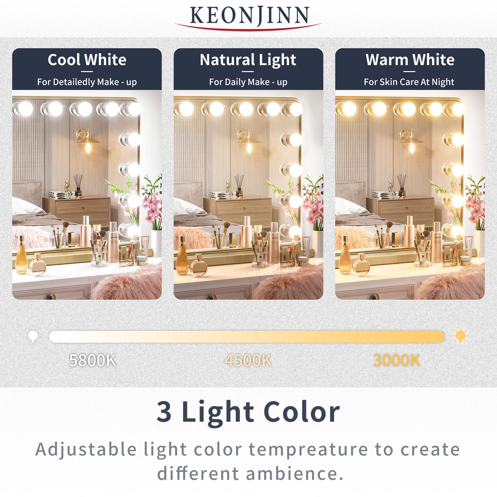 Keonjinn 15-LED Hollywood Makeup Mirror with 3 Color Lights & USB Charging - 23