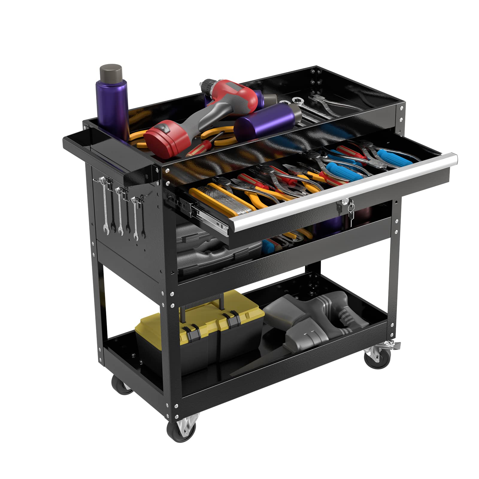 3-Tray Rolling Tool Cart with Wheels & Drawers - 300LB Storage for Garage & Workshop