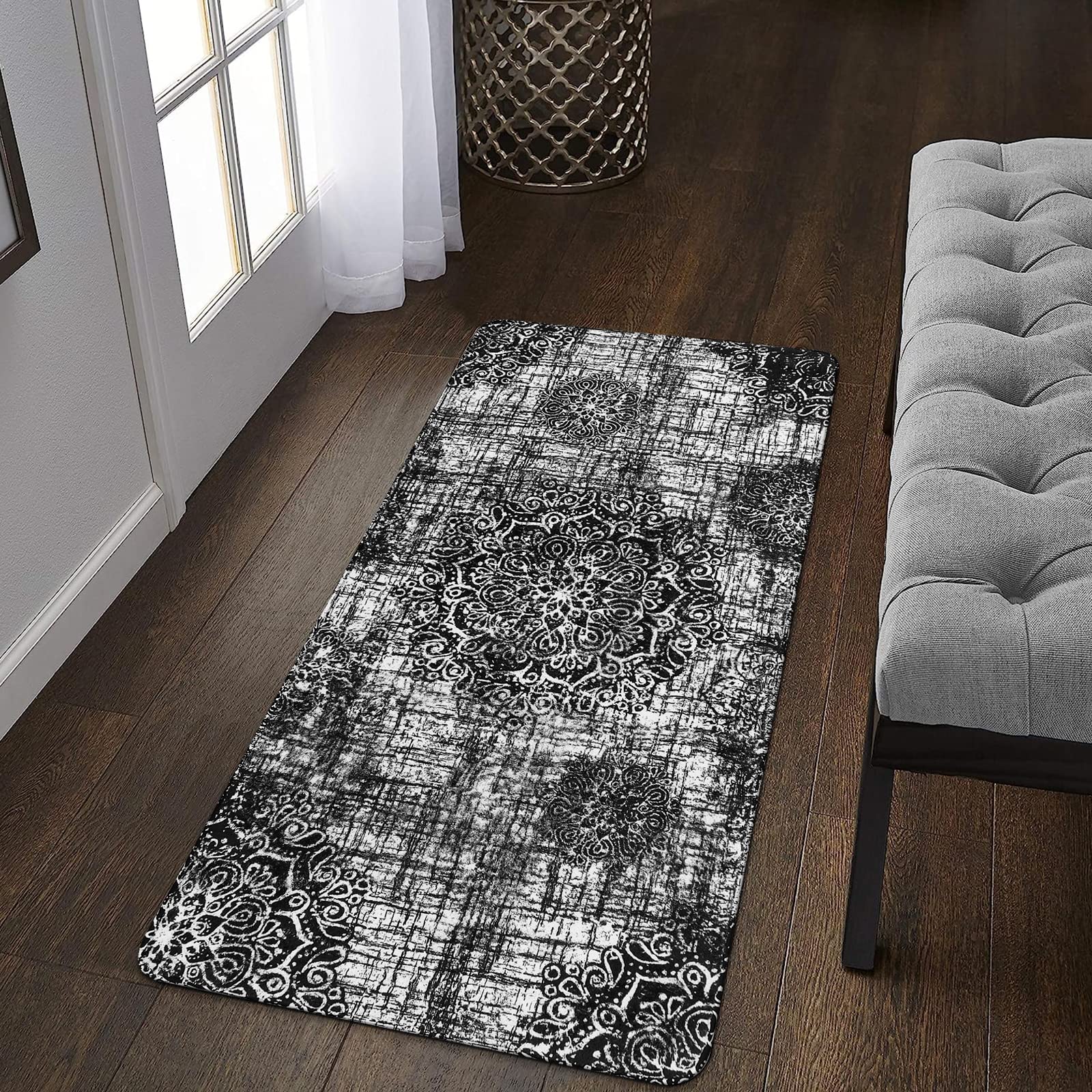 Lahome Vintage Medallion Black Runner Rug 2x4 - Non-Slip Soft Area Rug for Bedroom, Laundry Room, Kitchen, Bathroom, Hallway & Living Room | Distressed Print Accent Carpet for Entryway & Home Decor