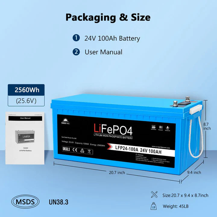 24V 100Ah LiFePO4 Deep Cycle Lithium Battery with Bluetooth, Self-Heating & IP65 - Perfect for RVs, Solar Systems, Marine & Off-Grid Power Storage