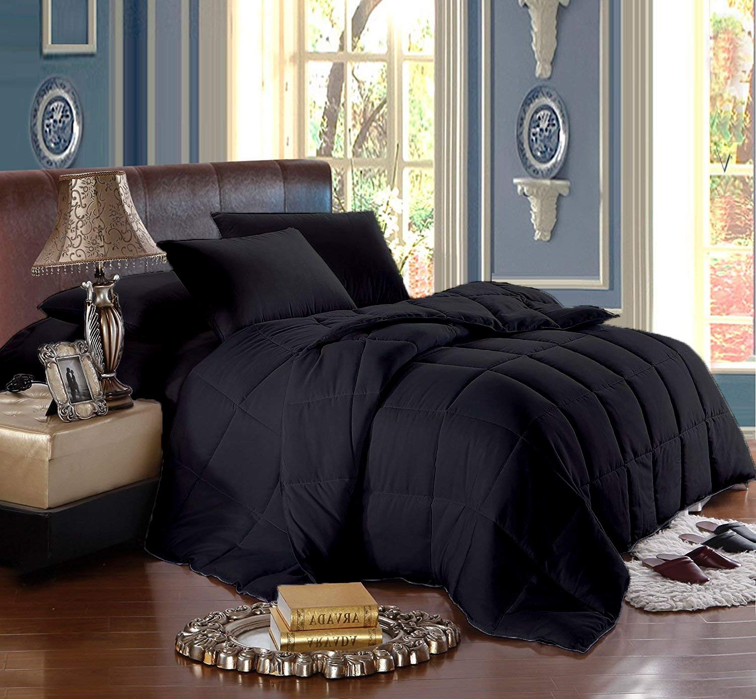 Premium 100% Egyptian Cotton Twin Size Comforter (68x86 Inches) - All-Season Goose Down Alternative, 500 GSM, Machine Washable with Corner Tabs - Luxury Bedding for Hotel, Guest Room & Dorm Use (Black Solid)