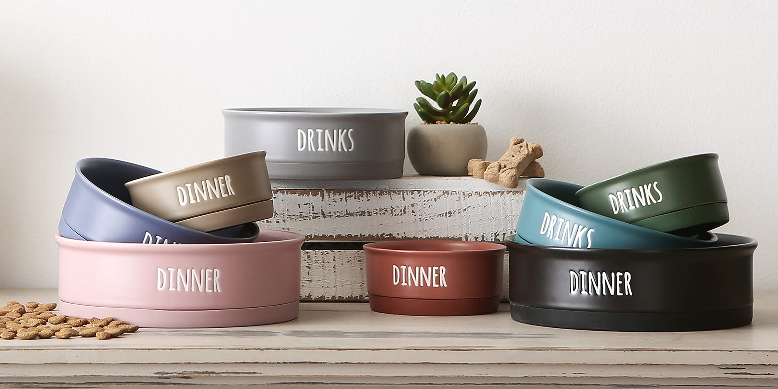 Bone Dry Ceramic Pet Bowls for Dogs & Cats - Non-Slip, Dishwasher & Microwave Safe - Large Stone Pet Food & Water Bowls (7.5x2.4 Inches, Set of 2) - Perfect for Mess-Free Feeding at Home or Travel