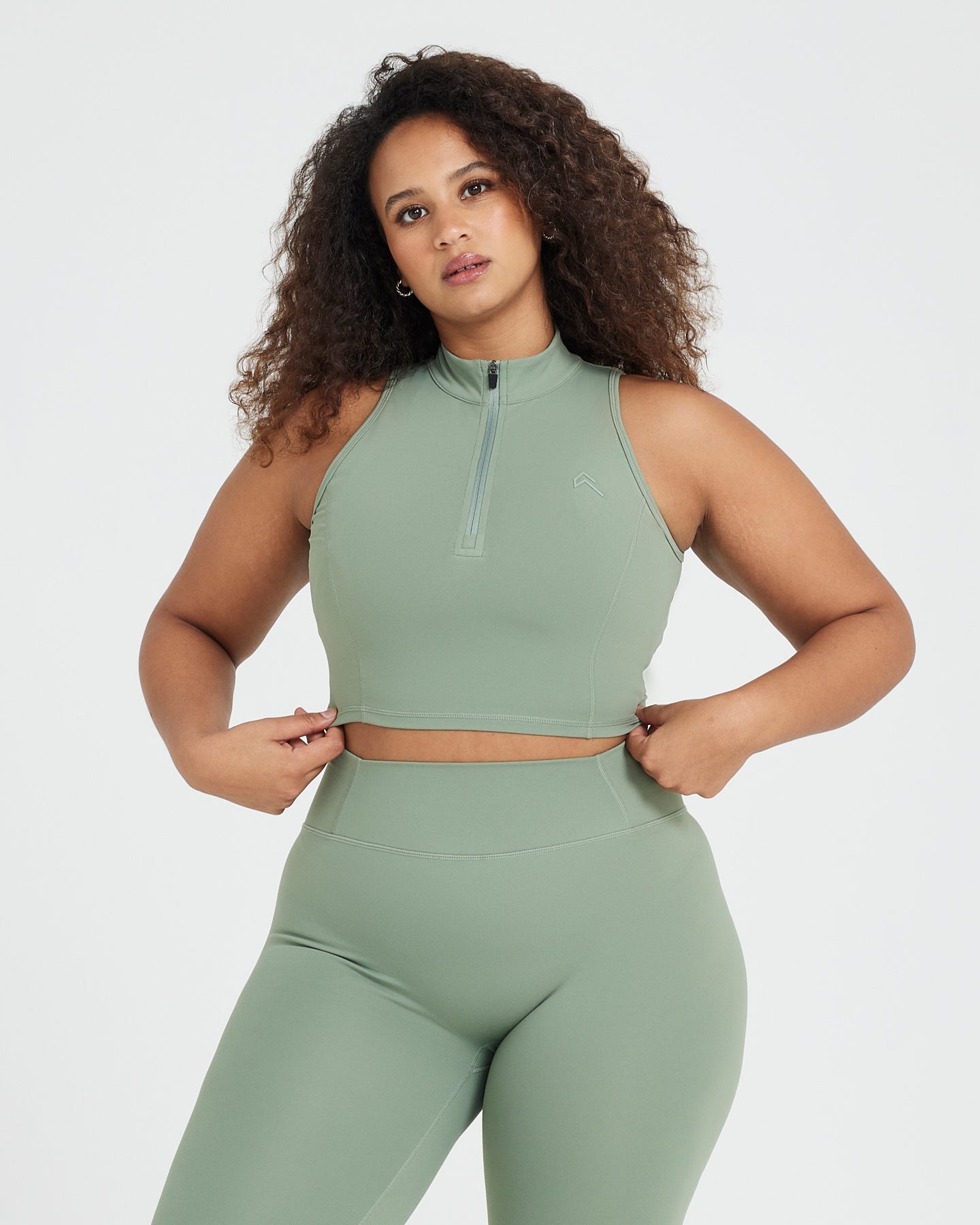 Timeless Half Zip Crop Tank Top for Women - Soft Comfortable Sage Green Workout Shirt for Yoga, Running & Gym