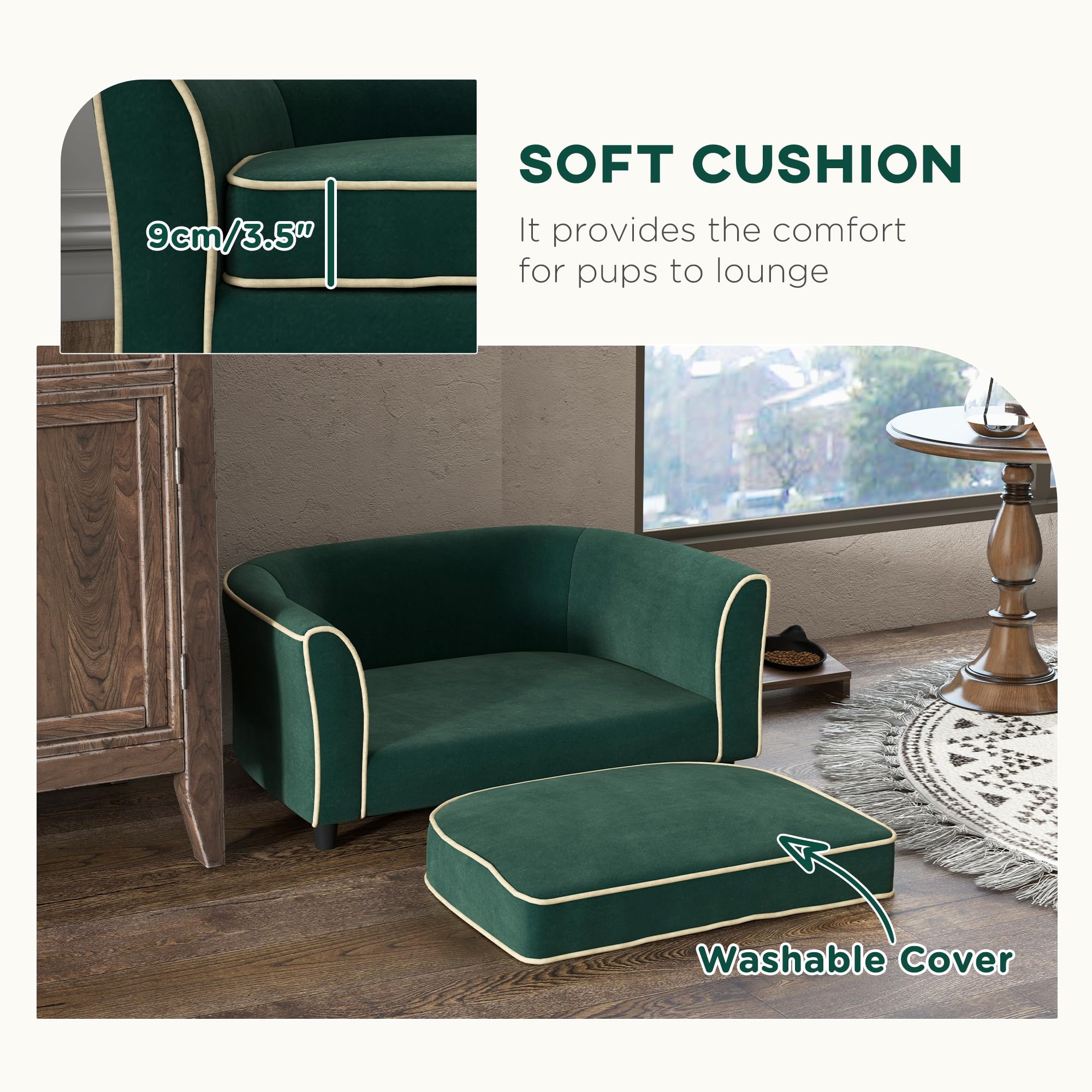 PawHut Modern Dog Sofa Bed for Small & Medium Dogs - Soft Cushion with Washable Removable Cover, Dark Green - Cozy Pet Couch for Living Room, Bedroom & Apartment
