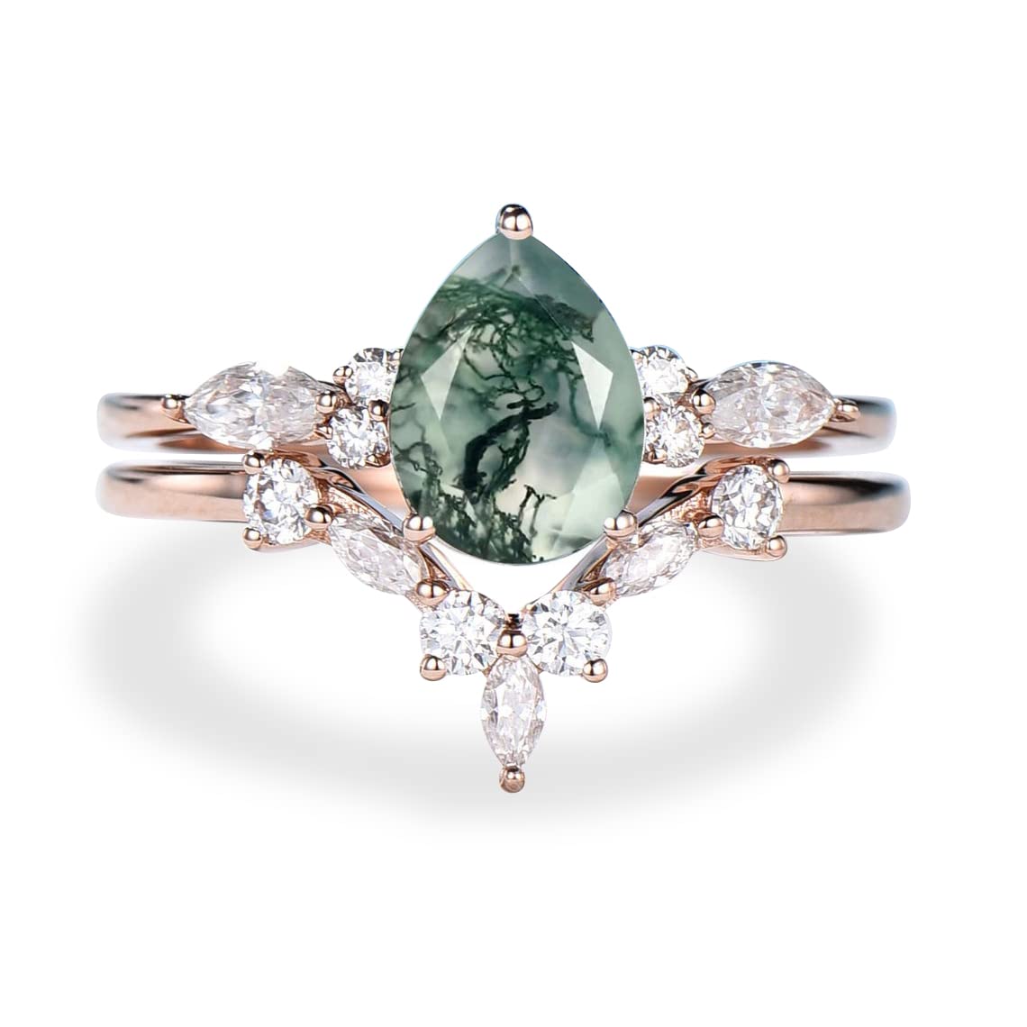 1.25ct Pear Moss Agate Engagement Ring Set in Sterling Silver & Rose Gold - Vintage Green Wedding Band for Women, Unique Bridal Jewelry for Proposals, Anniversaries & Special Occasions