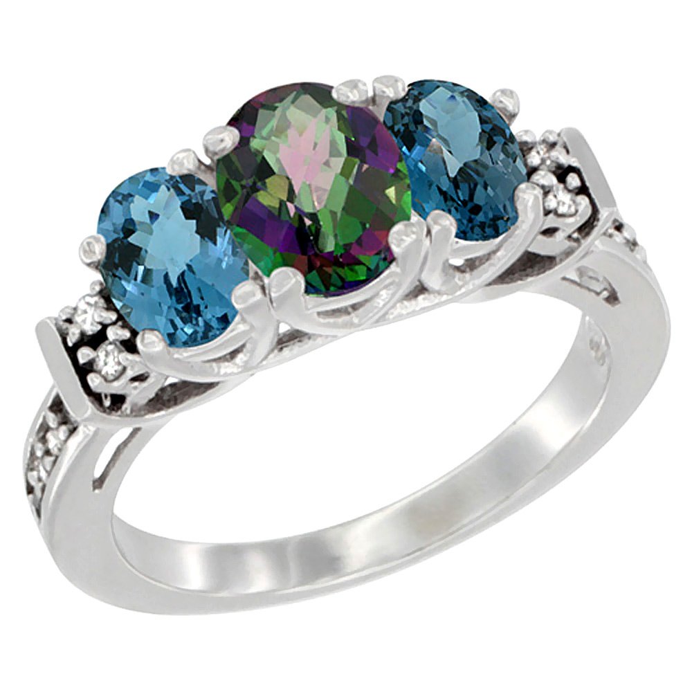 14K White Gold Natural Mystic Topaz & London Blue Topaz 3-Stone Ring with Oval Diamond Accents - Sizes 5-10 | Elegant Engagement, Anniversary Gift for Her