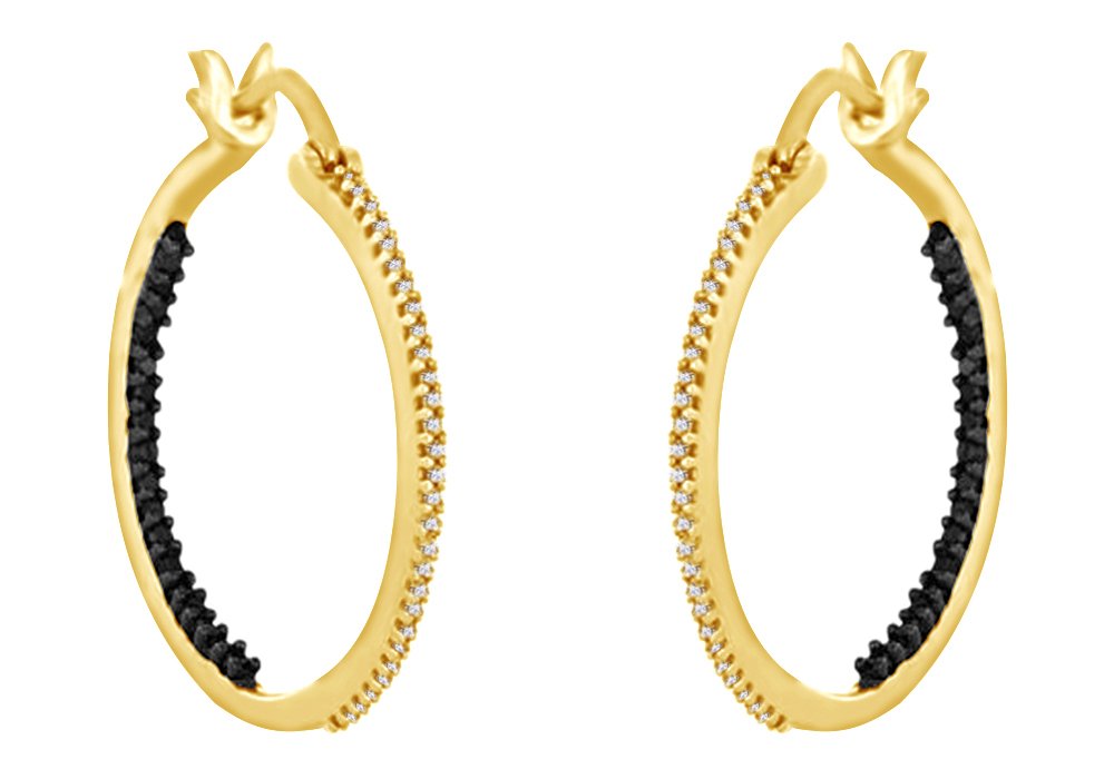 0.33 Carat Round Cut White & Black Natural Diamond Hoop Earrings - 14K Gold Plated Sterling Silver - Perfect for Weddings, Parties & Special Occasions
