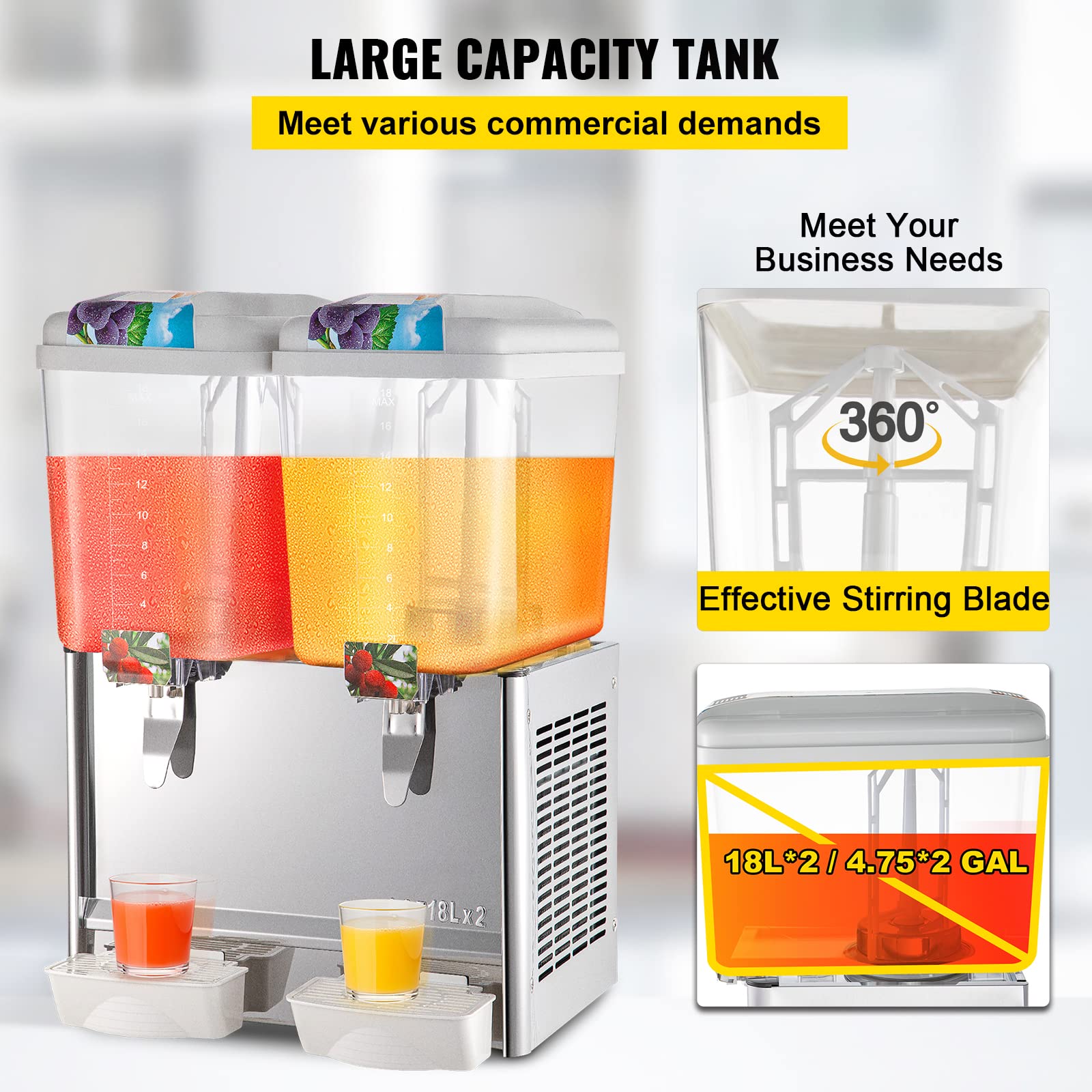 VEVOR 9.5 Gallon Commercial Beverage Dispenser - 2 Tanks, 300W, Stainless Steel, Food Grade, with Thermostat Controller - Perfect for Cold Drinks, Iced Tea, Lemonade at Restaurants, Cafes, Parties & Events
