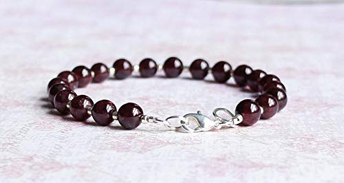 Natural Garnet and Sterling Silver Seed Bead Bracelet - January Birthstone Jewelry, Red Gemstone Beaded Stacking Bracelet for Women, Dainty Layering Bracelet for Everyday Wear, Gift for Her, Birthday, Anniversary