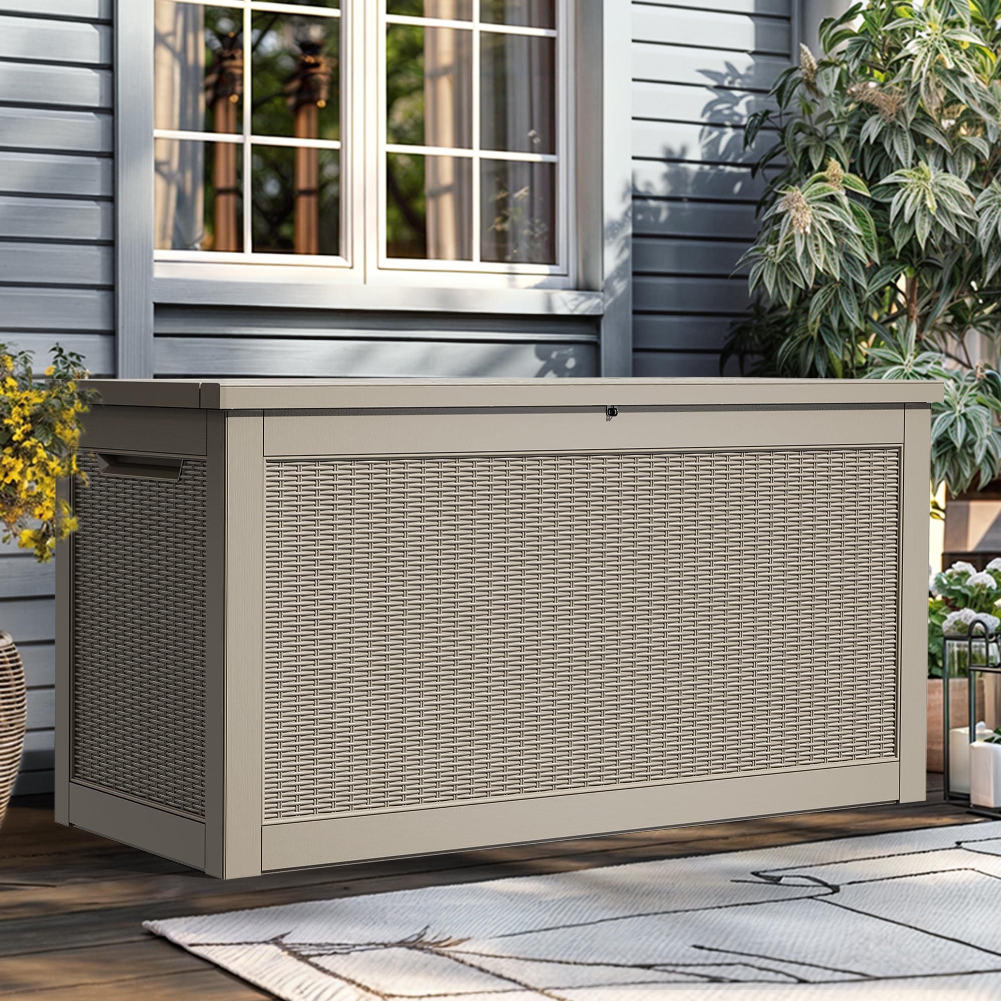 YITAHOME XXL 260 Gallon Large Outdoor Deck Box - Waterproof Lockable Resin Storage Container for Patio Furniture, Garden Tools, Cushions & Pool Accessories - Weatherproof Rattan Design for Backyard, Deck & Garden Storage (Brown)