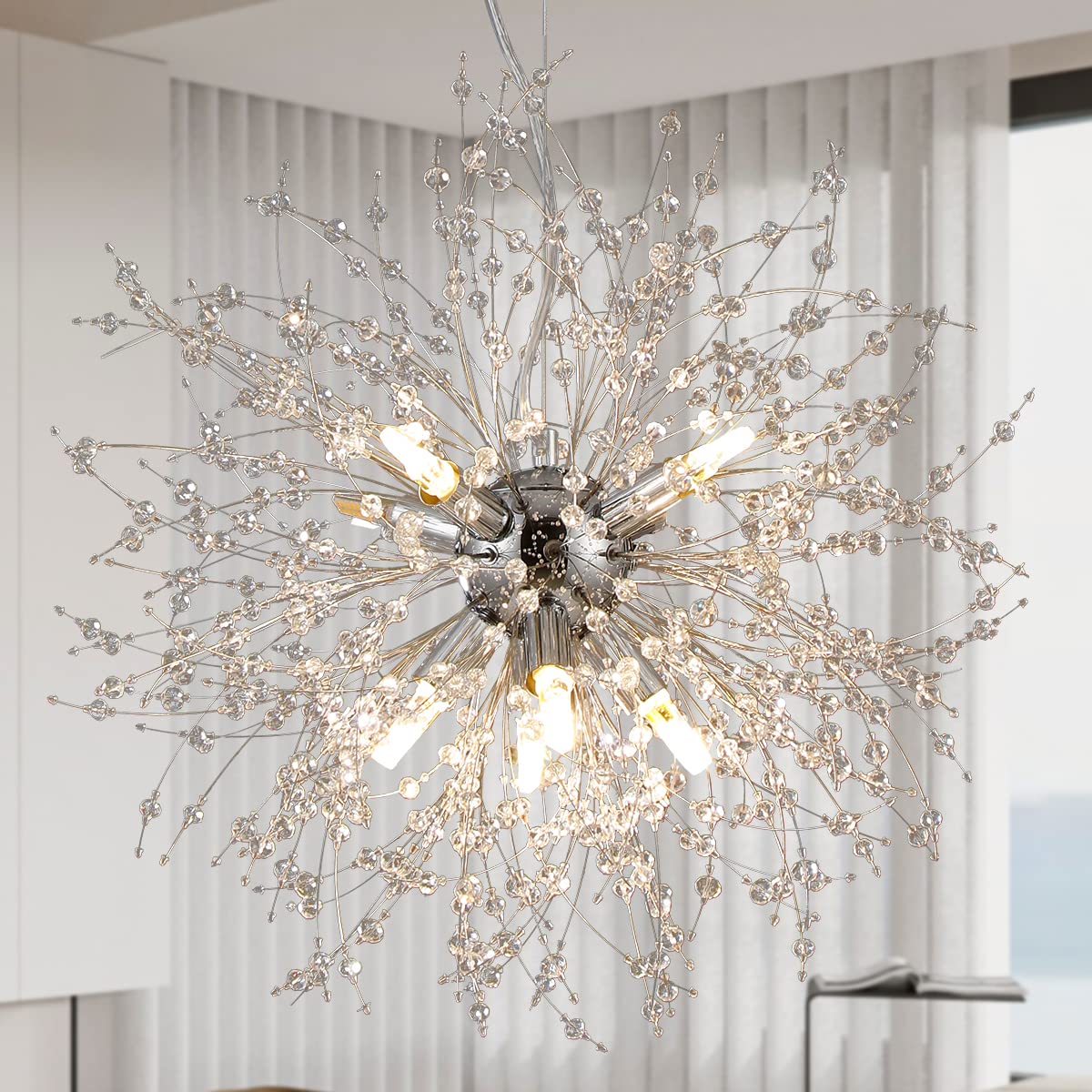 Modern Small Chandelier Crystals - Sputnik Beaded LED Hanging Lamp with Dandelion Design, Chrome Farmhouse Pendant Light Fixture for Kids Bedroom, Dining Room & Kitchen Island (15.74