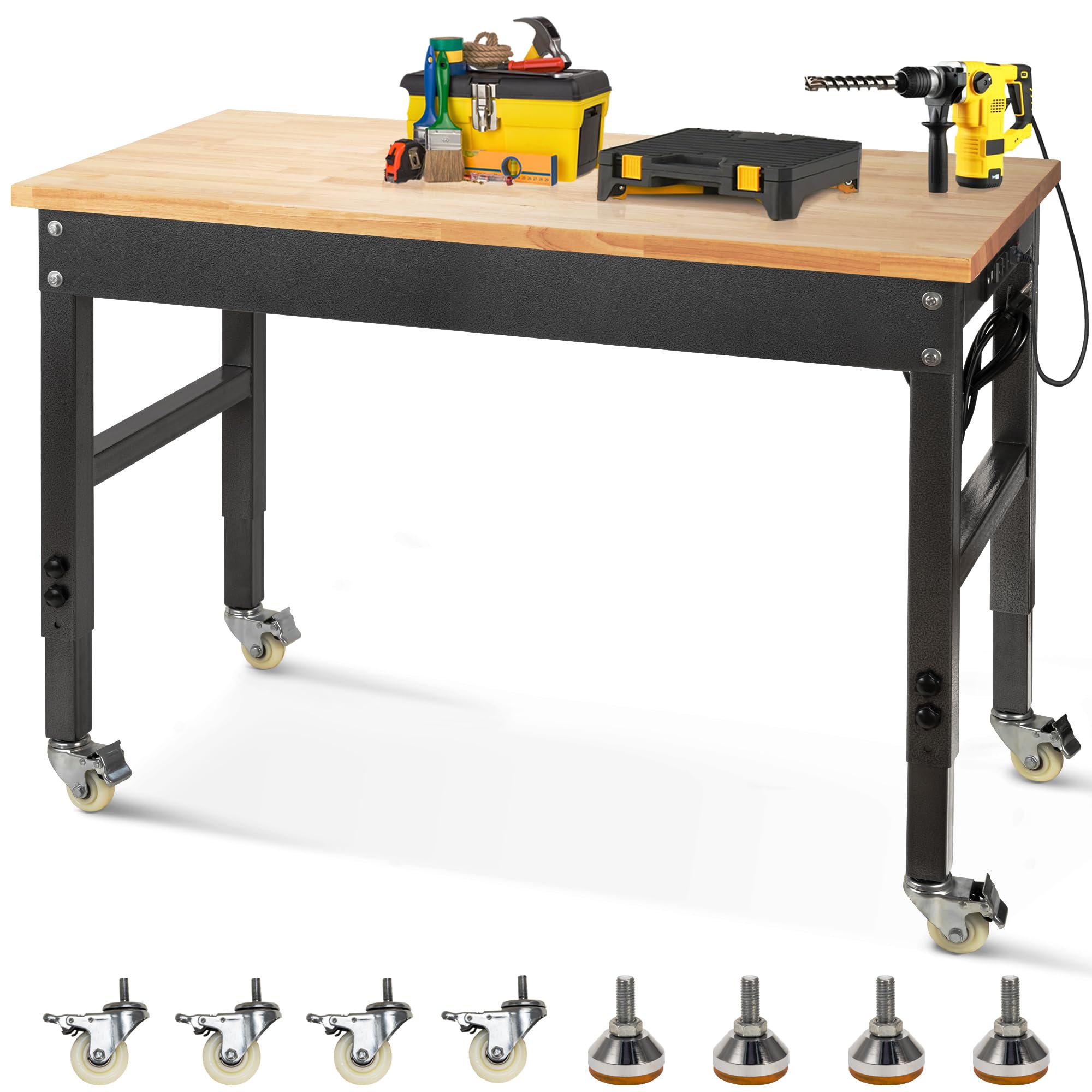 Sulives Heavy-Duty Adjustable Height Workbench with Rubber Wood Top - 3000 lbs Load Capacity, 48