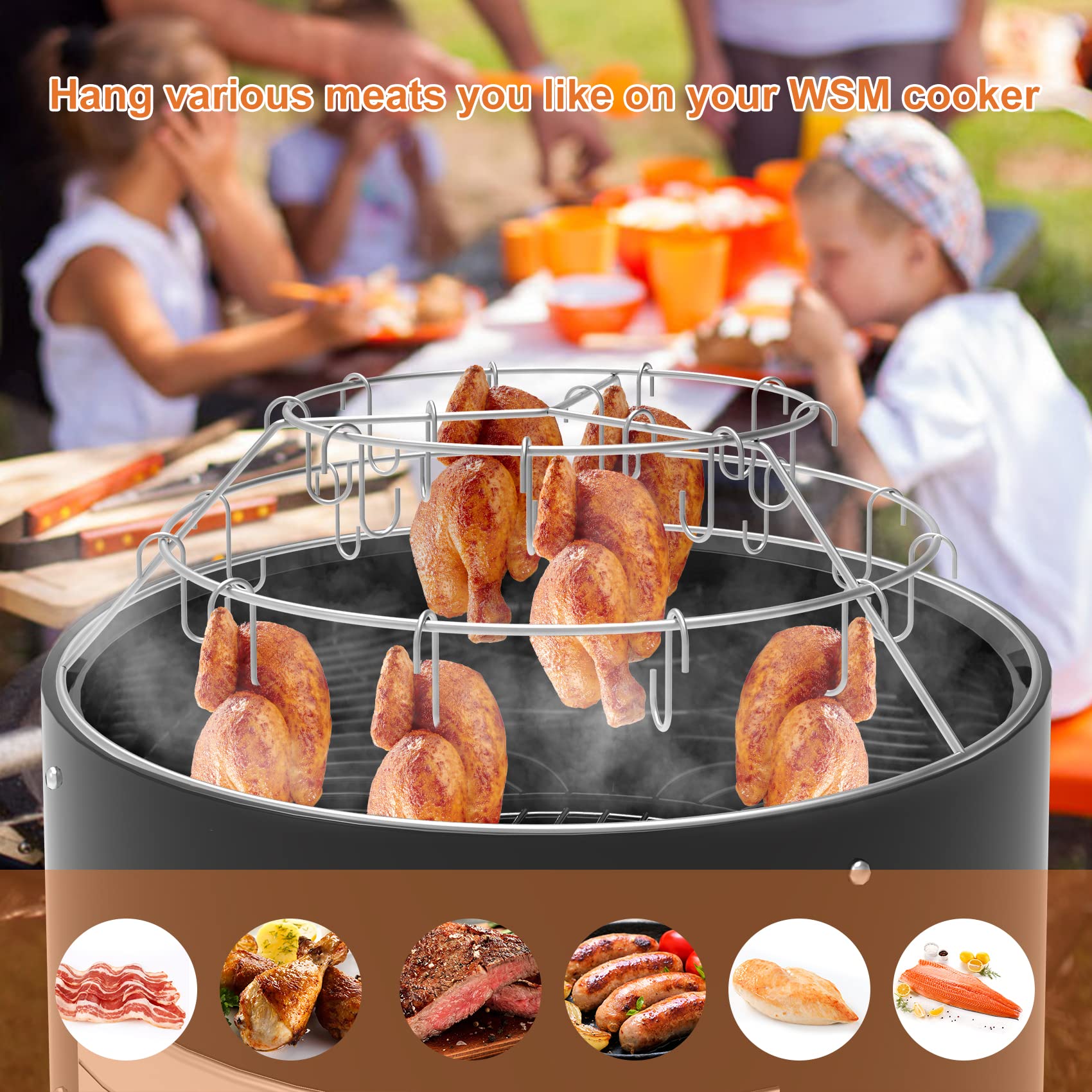 Onlyfire 3-Tier Stainless Steel Rib Hanging System with Removable Hooks - BBQ Grill Accessories for Weber 22