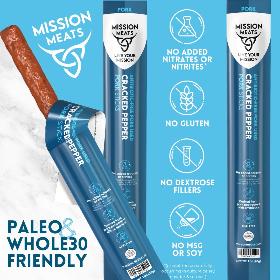Mission Meats Cracked Pepper Pork Meat Sticks - Healthy Sugar-Free Snacks for Kids & Adults | AIP, Paleo & Whole30 Compliant | 1oz (24 Pack) | Perfect for On-the-Go, Hiking & Lunchboxes