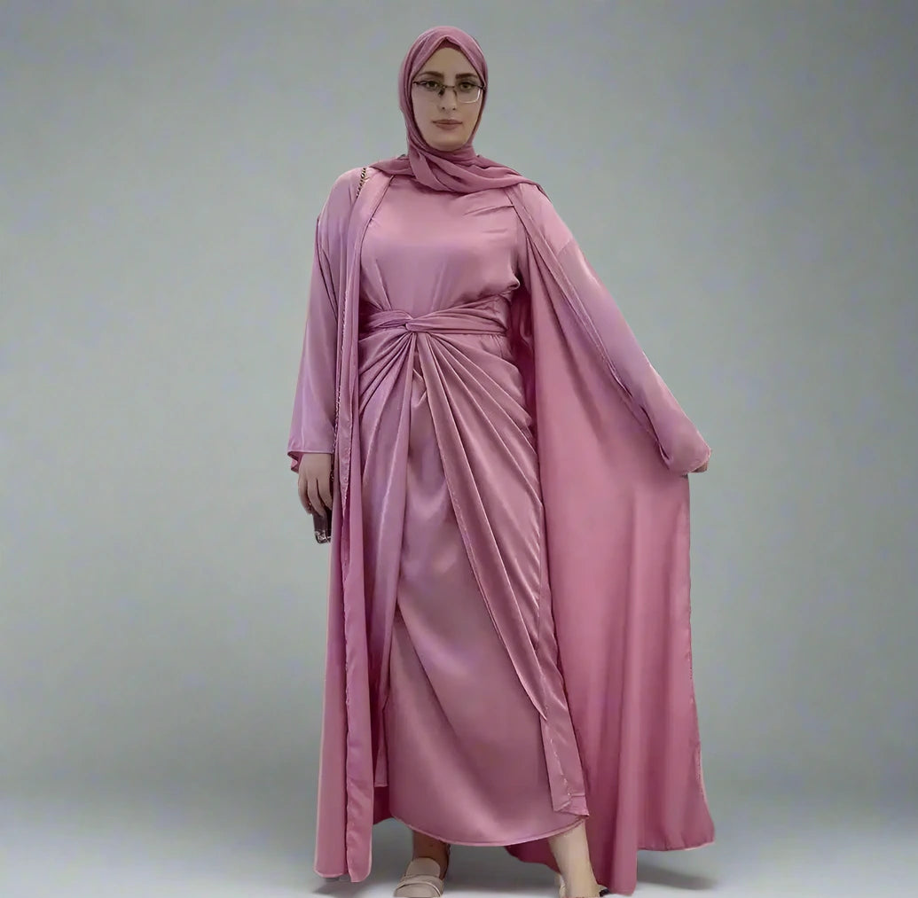 2-Piece Solid Color Open Front Cardigan Abaya Dress Set - Modest Muslim Outfit for Prayer, Work & Casual Wear