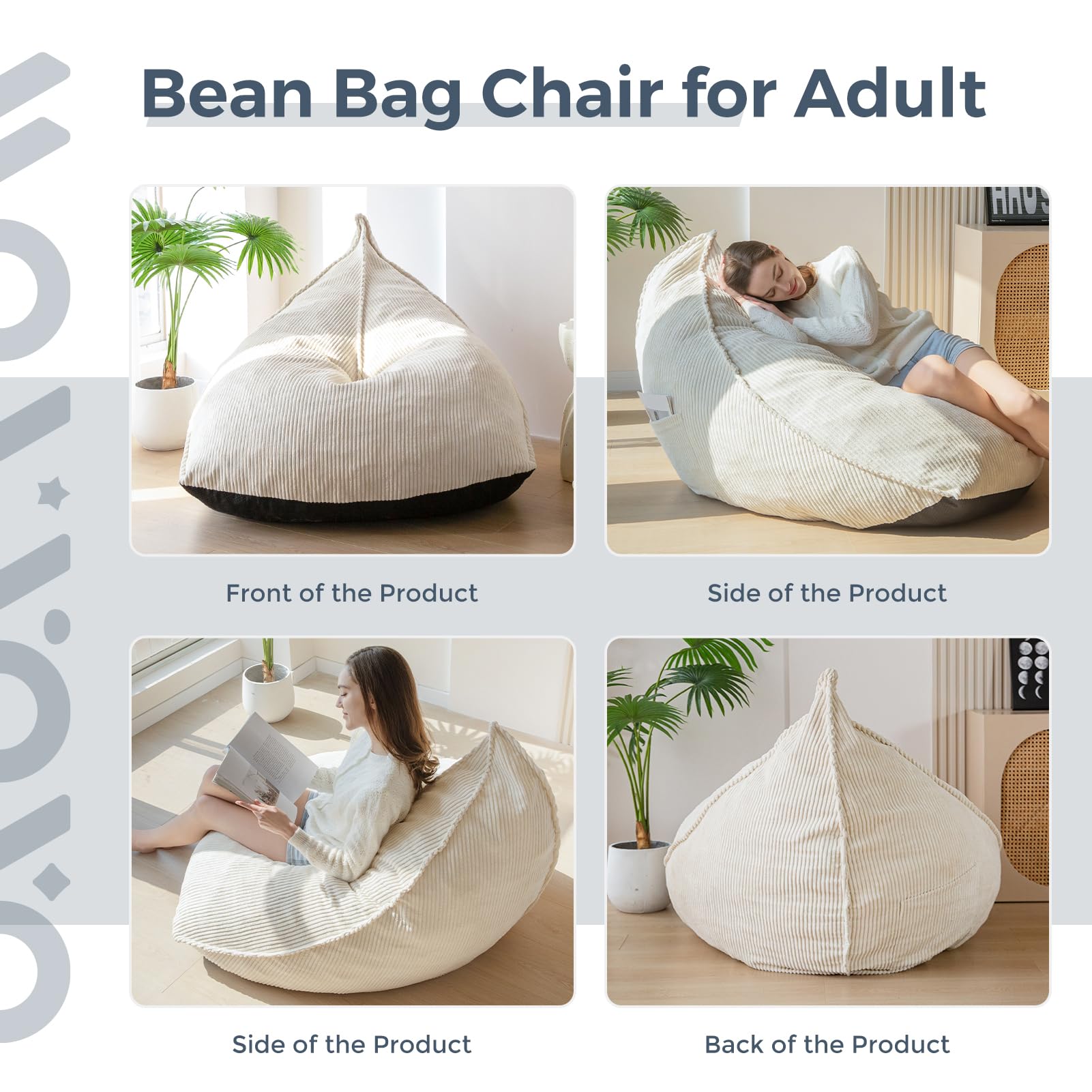 MAXYOYO Corduroy Bean Bag Chair for Adults - Soft & Comfortable Lazy Sofa with Filler (43