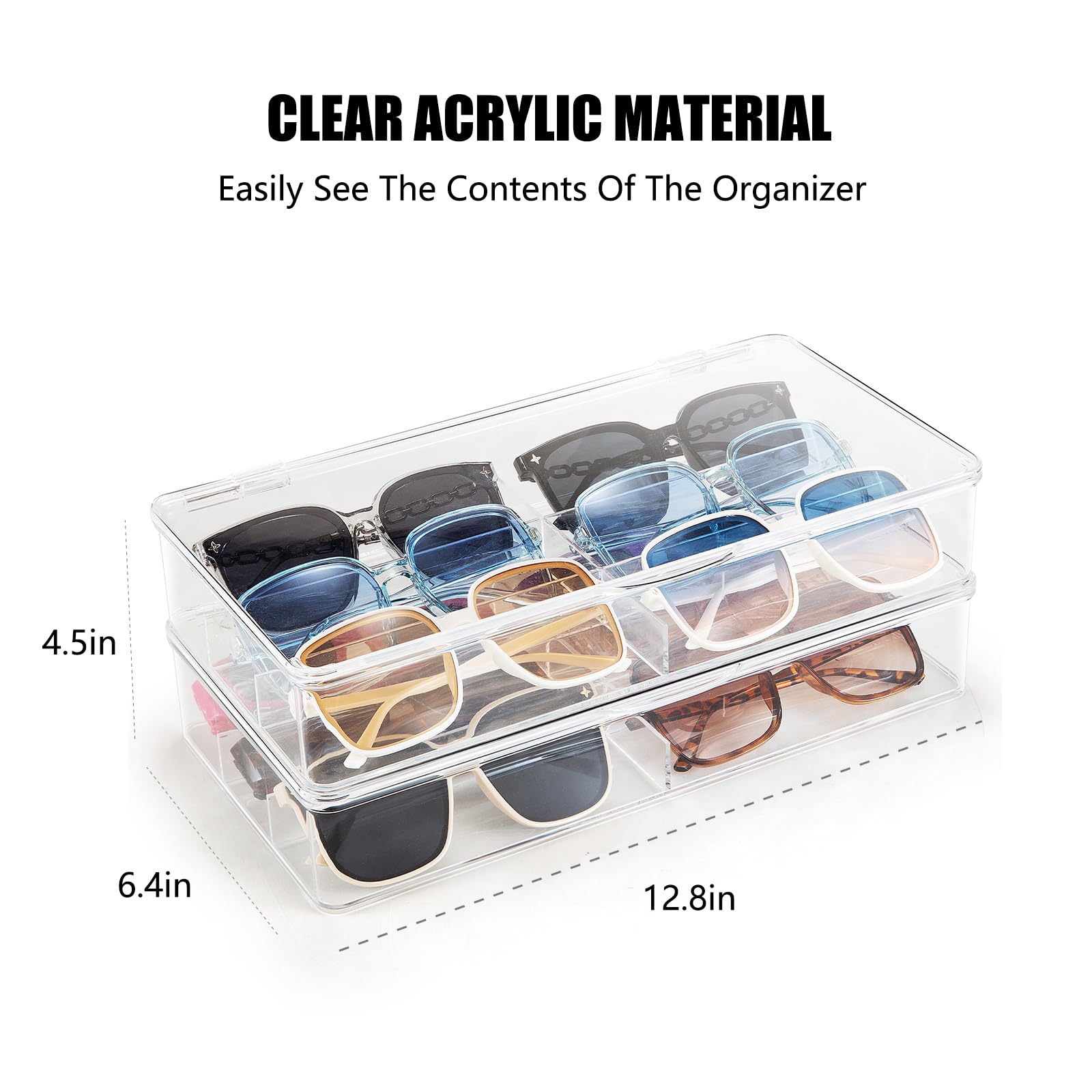 BOPai Acrylic Sunglasses Organizer with Lid - Stackable Eyeglass Storage Case for Men & Women - 2 Pack - Perfect for Travel, Home, Office, and Car Organization