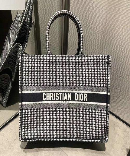Dior Book Tote Bag - White & Black Embroidered Canvas Houndstooth Pattern Luxury Handbag for Women | Perfect for Work, Travel & Everyday Use