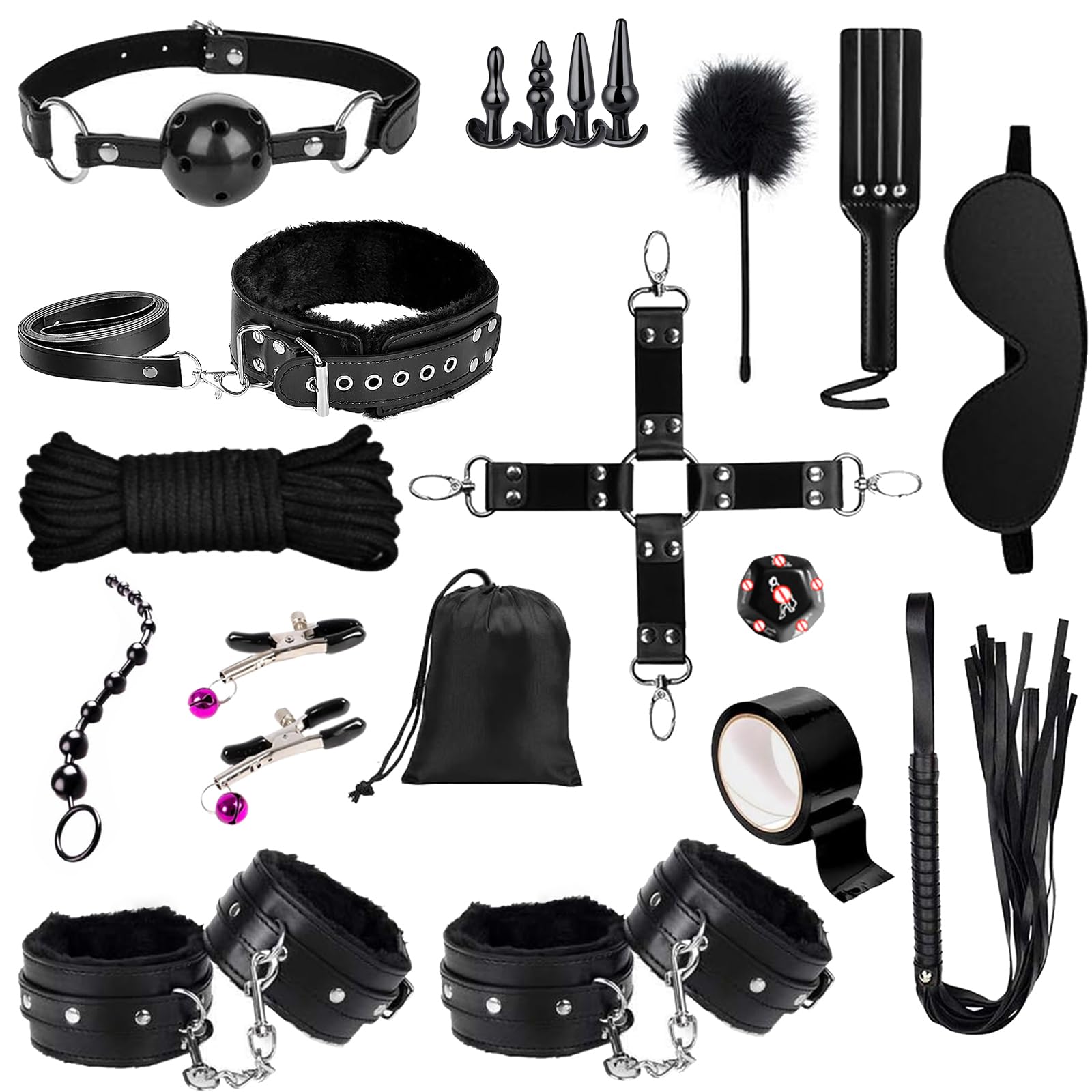 Premium 23-Piece BDSM Bondage Restraints Kit - Upgraded Leather Sex Toys Set for Couples with Storage Bag | Body-Safe Adult Pleasure Accessories for Men & Women | Perfect for Spicing Up Bedroom Play & Role-Playing Scenes