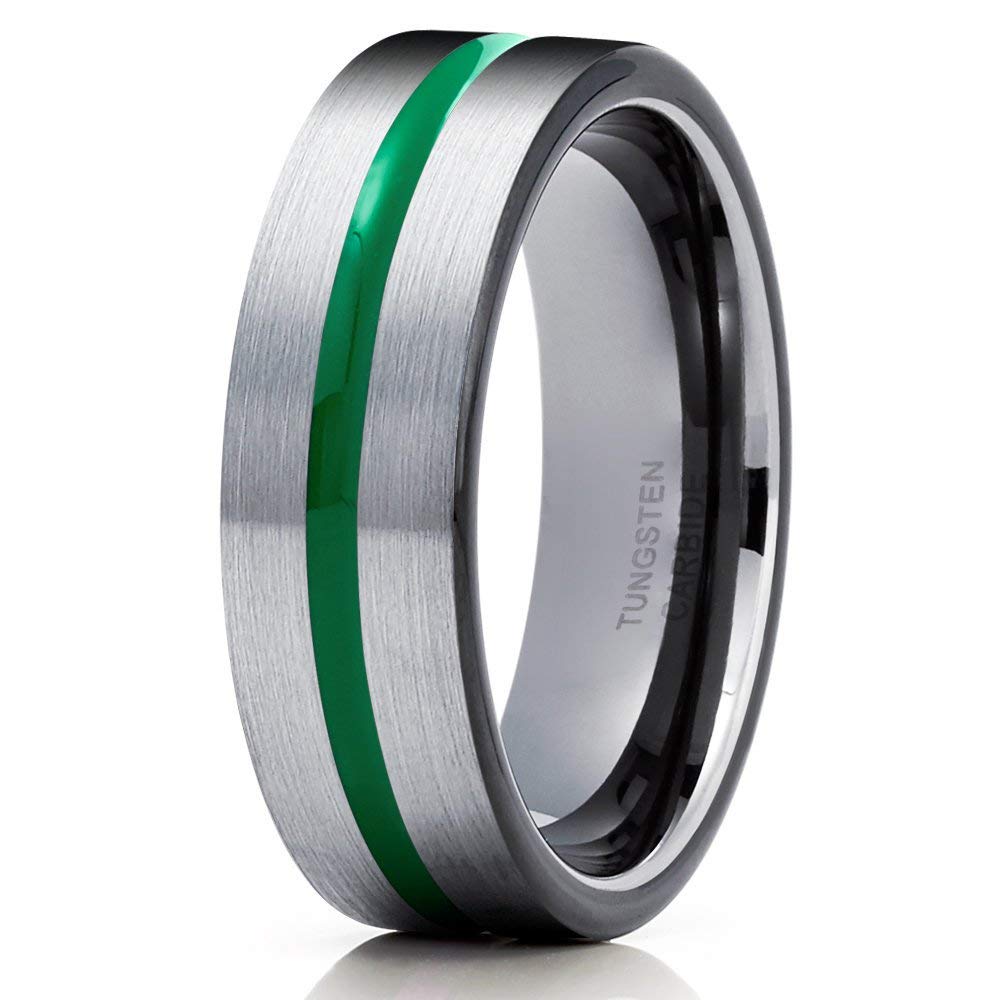 6mm Green Tungsten Wedding Band - Black & Gunmetal Tungsten Rings for Men & Women - Comfort Fit Anniversary & Engagement Rings - Perfect for Everyday Wear, Weddings & Special Occasions