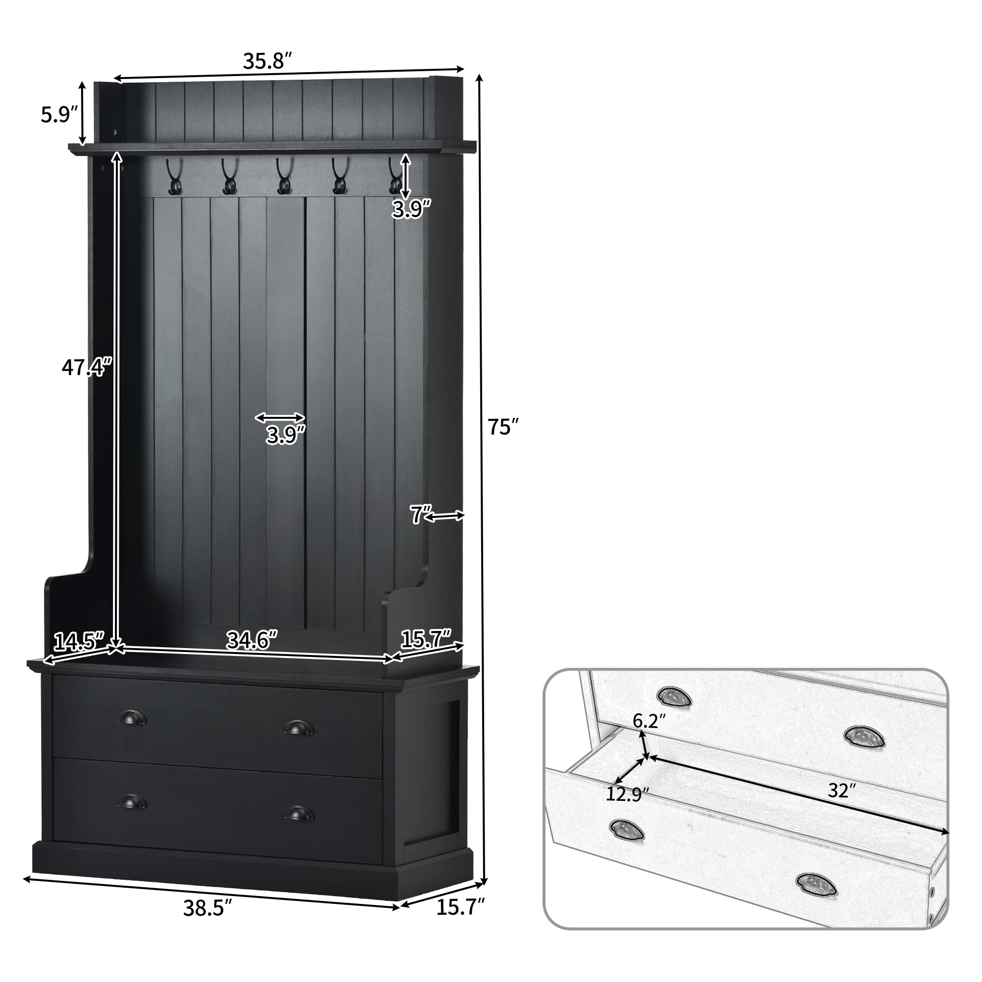 Hall Tree Coat Rack with Storage Bench - Entryway Organizer with 2 Large Drawers & 5 Metal Hooks for Hallway, Living Room | Perfect for Small Spaces, Mudroom & Apartment Entry Organization