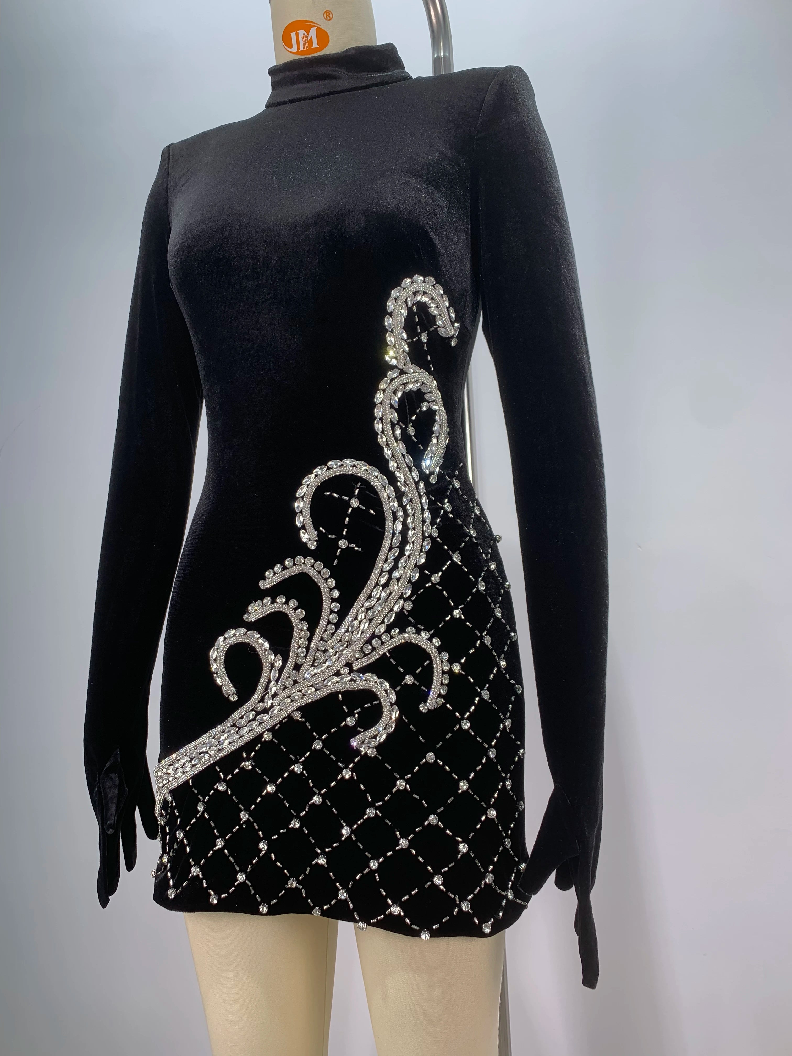 2024 Women's Velvet Long Sleeve Bodycon Mini Dress with Sparkly Crystal Details - Elegant Nightclub, Cocktail Party & Evening Wear - Sexy Gloves Included for Formal Events & Special Occasions