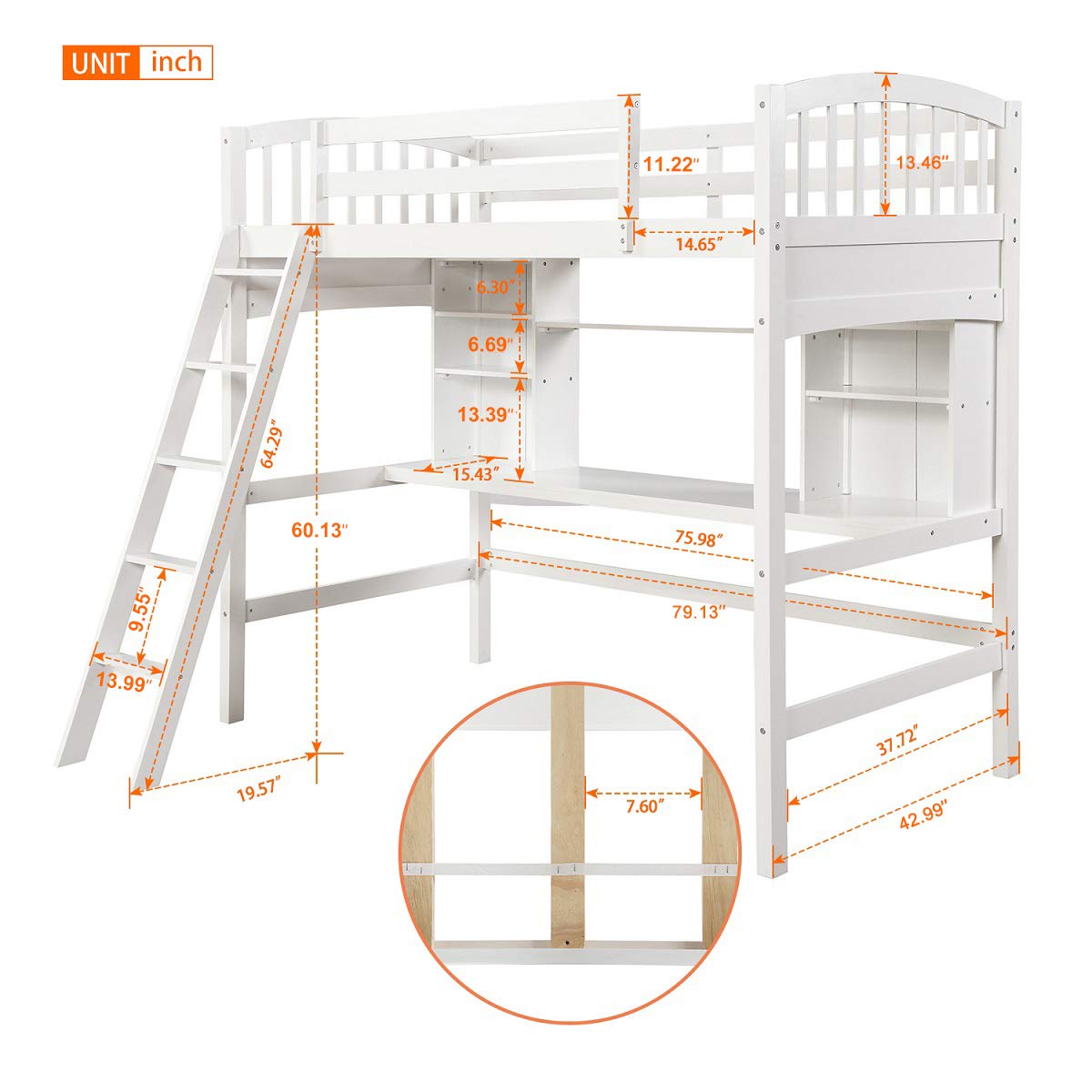 Solid Wood Loft Bed with Desk & Storage Shelves - Twin Size Kids Loft Bed with Bookcase, Safety Guard Rail & Angled Ladder - Space-Saving Study & Sleep Solution for Small Bedrooms (White & Natural Wood Finish) - Perfect for Dorm Rooms, Kids Rooms & Small Apartments