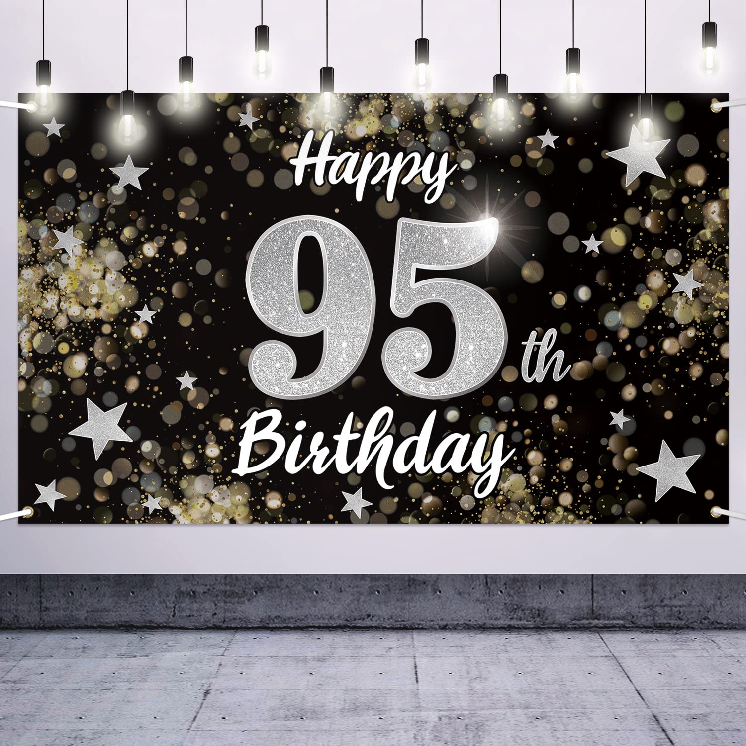 95th Birthday Decorations - Black & Silver Dream Star Large Backdrop Banner for 95 Years Old Celebration | Perfect for Milestone Birthday Parties, Anniversaries & Special Events