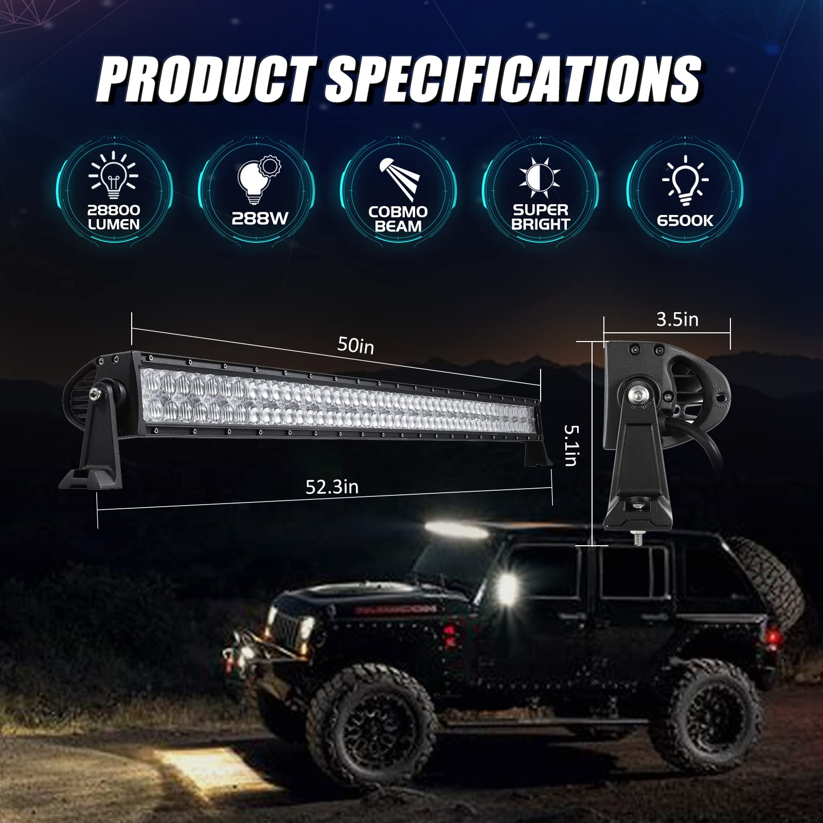Auxbeam 50 Inch 288W LED Light Bar - 28,800 Lumens Double Row Spot Flood Combo, 5D Lens Waterproof Off-Road Driving Lights with Wiring Harness - Perfect for Pickup Trucks, SUV, ATV, UTV, Boat & Marine Use - Ideal for Night Driving, Work Lighting, and Outdoor Adventures