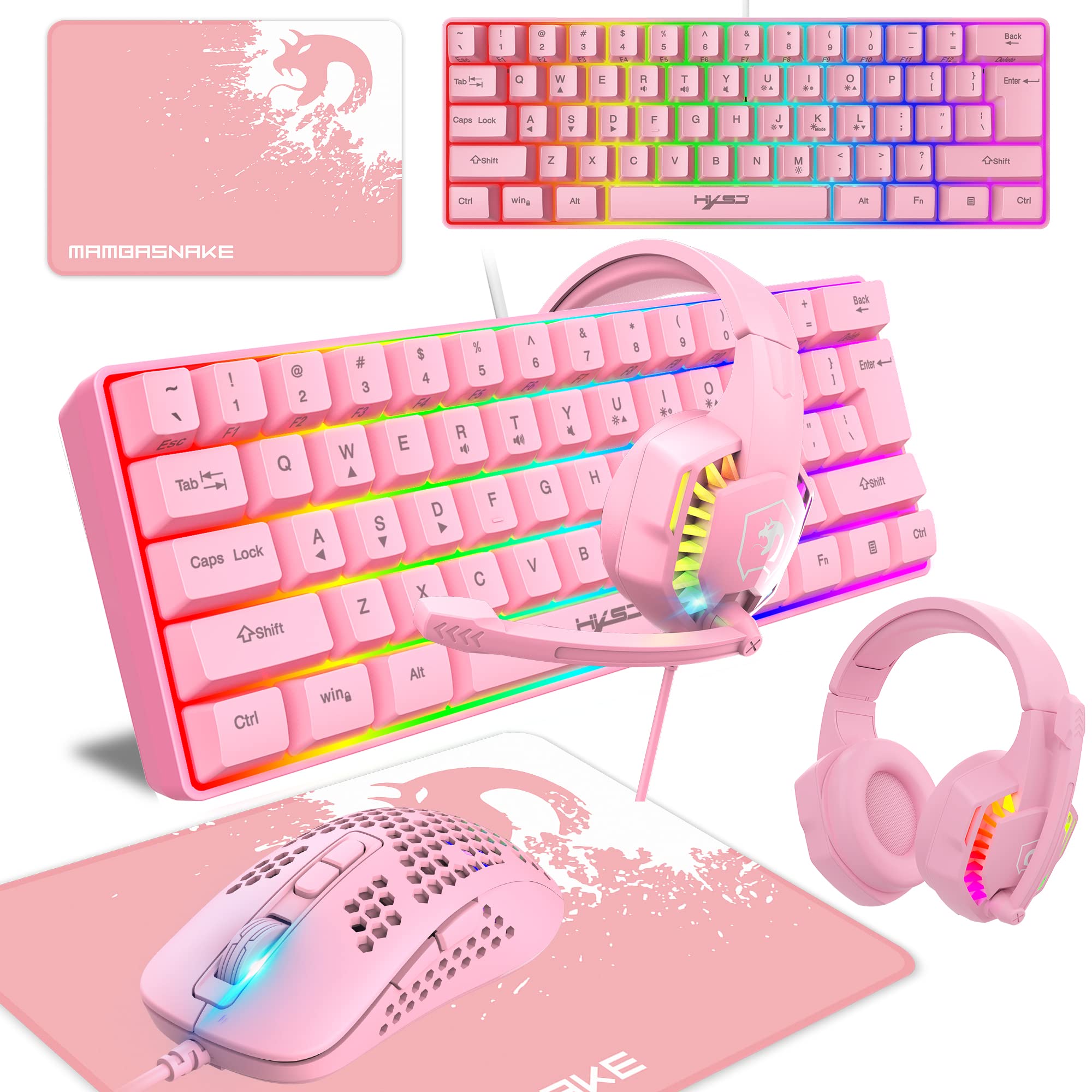 KUIYN 60% Wired Compact Gaming Keyboard and Mouse Set - 61 Keys RGB Backlit Mechanical Keyboard, Honeycomb Optical Gaming Mouse with Mouse Pad - Perfect for PC Gaming, Esports, and Office Work