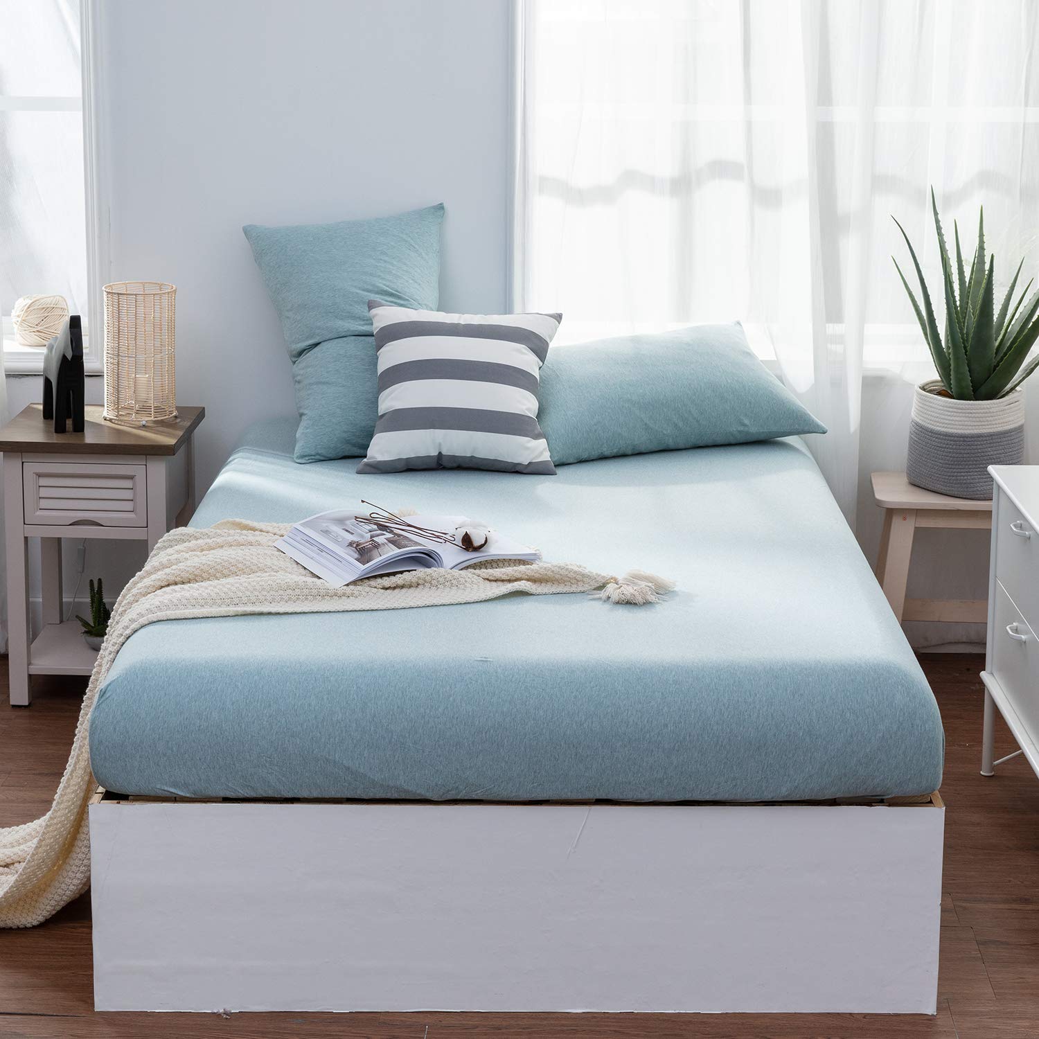 LIFETOWN 100% Jersey Knit Cotton Bed Sheet Set - Queen Size Deep Pocket Fitted Sheet with 2 Pillowcases, Ultra Soft Wrinkle-Free Breathable (Aqua Blue) for Cozy Bedroom & Guest Room Comfort