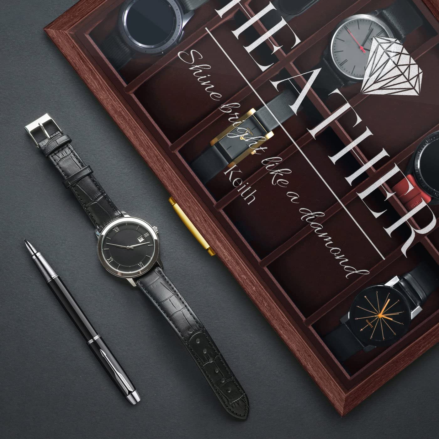 Maverton Engraved Watch Box for Women - 12 Slot Luxury Watch Display Case with Diamond Accents - Personalized Jewelry Organizer Gift for Her - Birthday, Anniversary, Mother's Day Present - Perfect for Watch Collectors & Fashion Accessories Storage