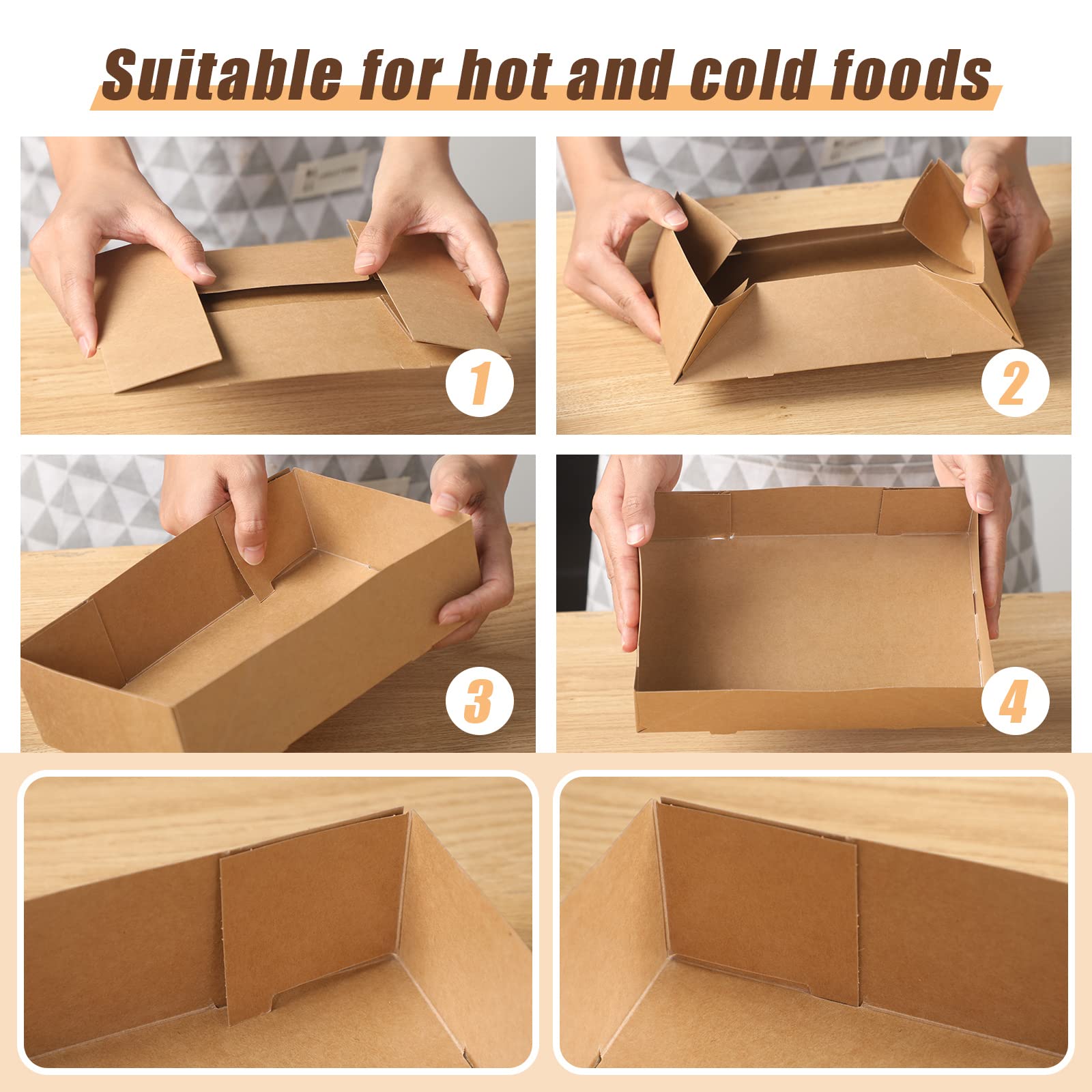 200 Pcs Kraft Paper Food Trays & Checkered Wrapping Paper Set - 4 Corner Pop-Up Disposable Cardboard Food Boxes - Greaseproof Brown Foldable Theater Snack Containers for Movies, Stadium Events & Party Catering