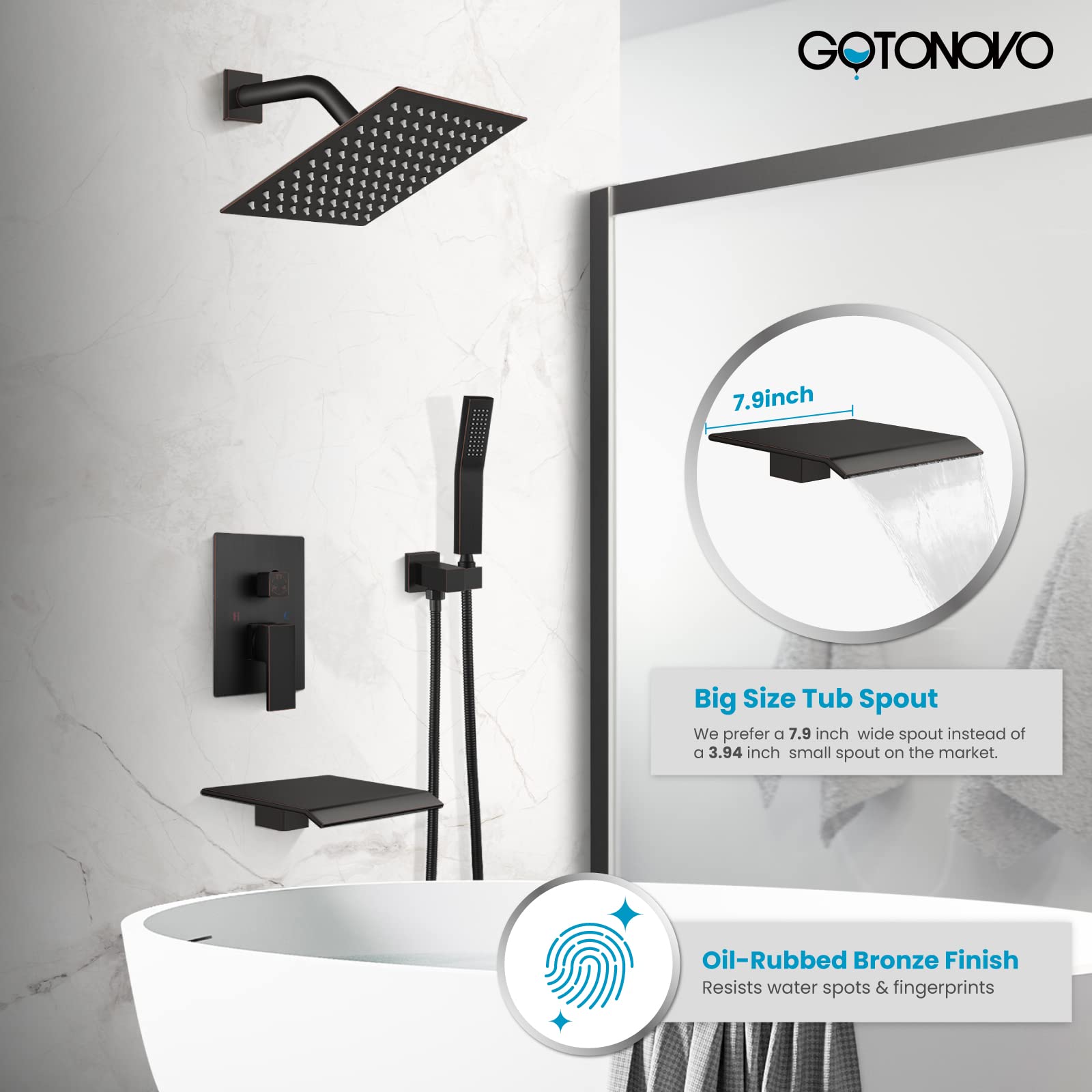 Gotonovo 8-Inch Oil Rubbed Bronze Rain Shower Faucet System Set - Wall Mounted Rainfall Shower Head with Handheld Sprayer, Waterfall Tub Spout, Mixer Combo, Rough-in Valve & Trim - Perfect for Modern Bathroom Renovation & Spa-Like Shower Experience