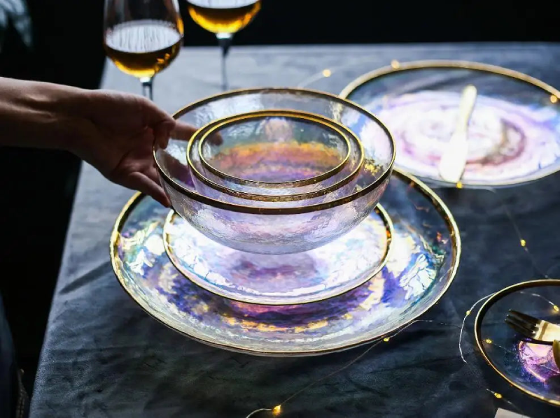 Aurora Gold Edge Glass Plate & Bowl Set - Elegant Dinnerware for Special Occasions, Perfect for Weddings, Parties, and Fine Dining