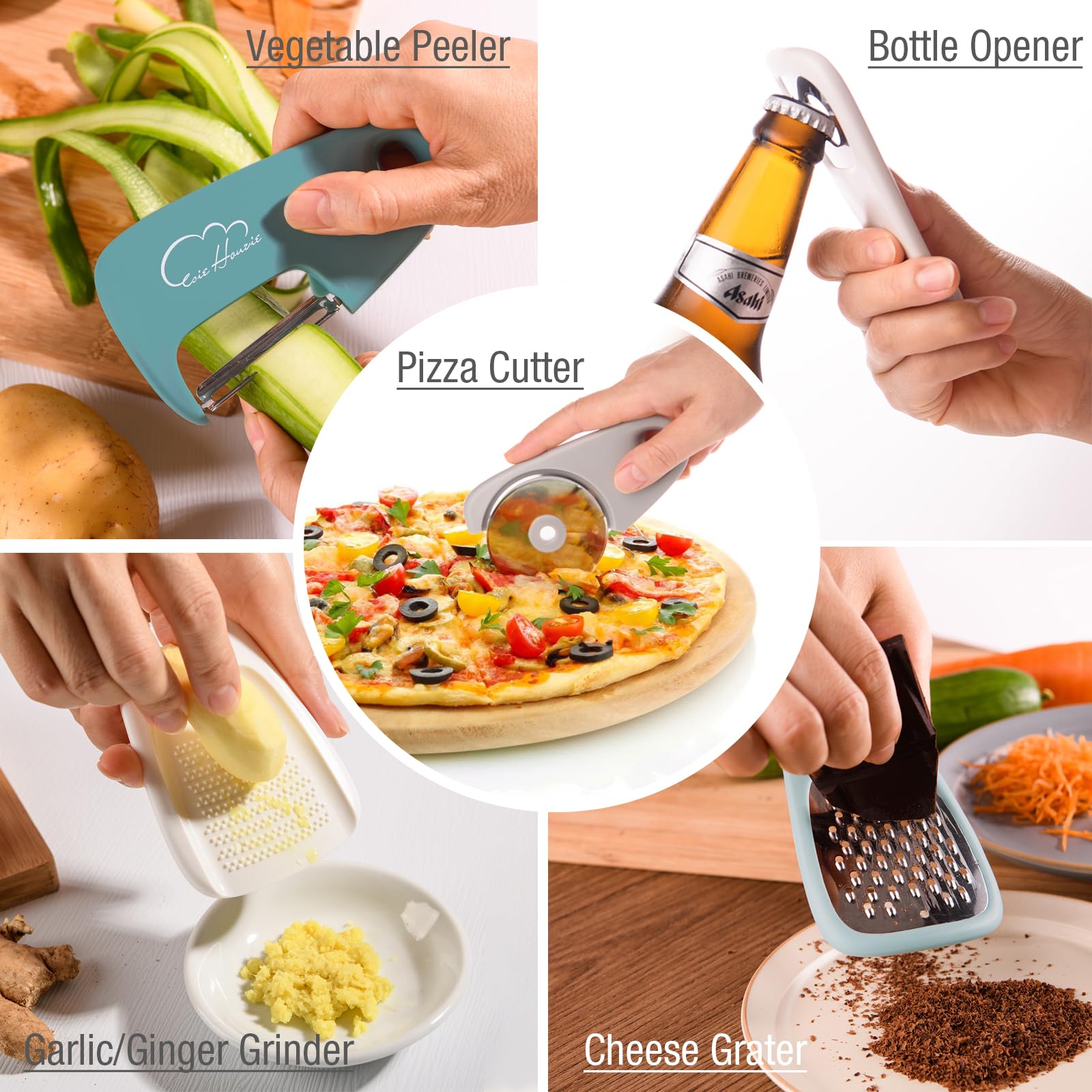13-Piece Stackable Silicone Measuring Cups and Spoons Set with Vegetable Peeler, Cheese Grater, Pizza Cutter, Bottle Opener & Garlic Press - Morandi Blue Kitchen Accessories for Baking, Cooking and Food Prep