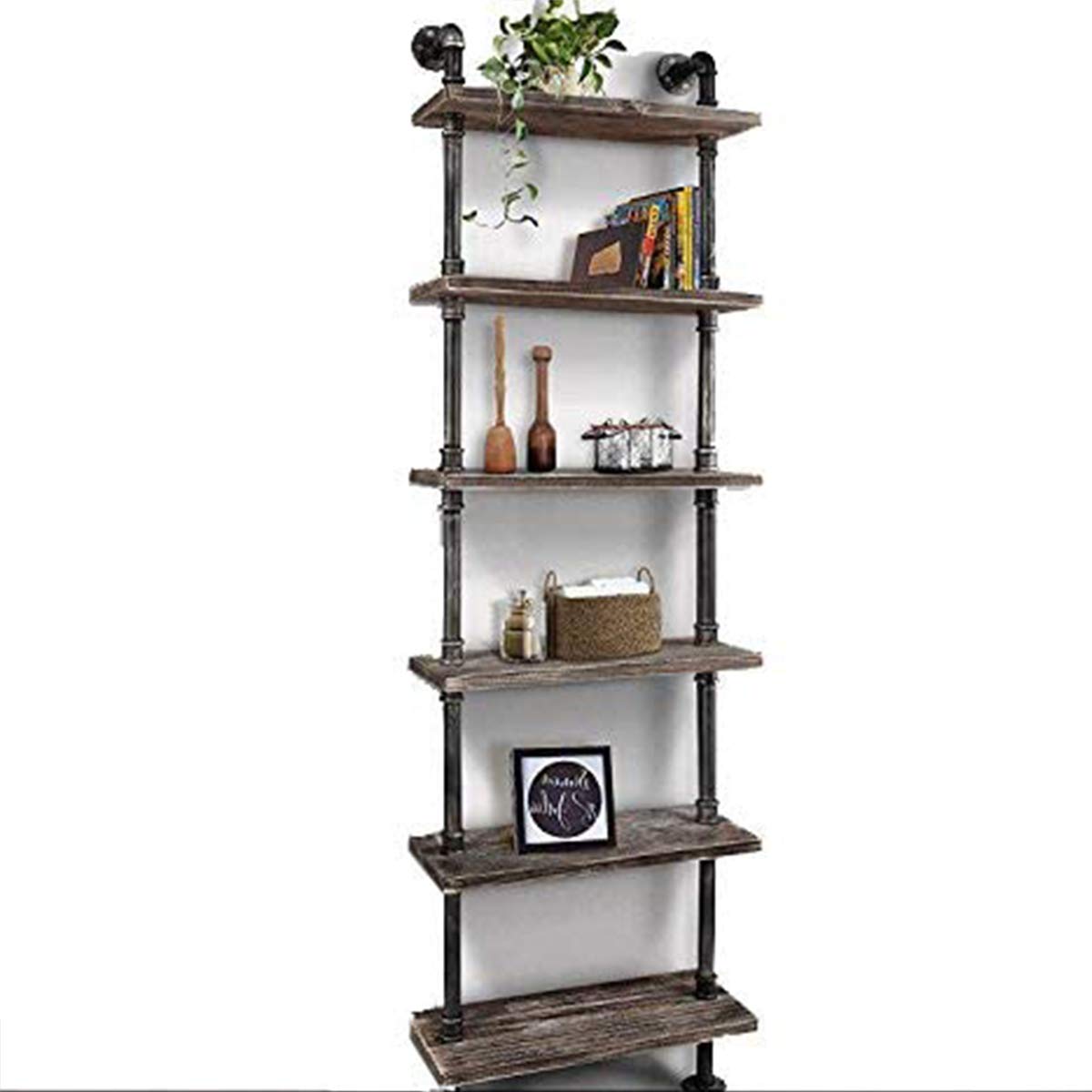 WGX Industrial 6-Tier Modern Ladder Bookcase - Wood & Metal Storage Shelf with Vintage Wrought Iron Finish - Wall Mounted Display Shelving for Home Office, Living Room & Bedroom Organization