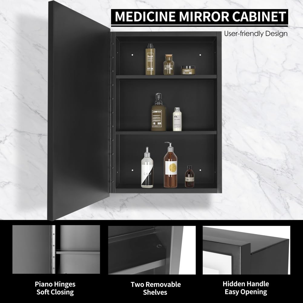 16x24 Inch Black Metal Framed Recessed Medicine Cabinet with Mirror - Wall Mounted Bathroom Storage for Toiletries & Essentials | Perfect for Small Bathrooms, Vanities & Modern Home Decor