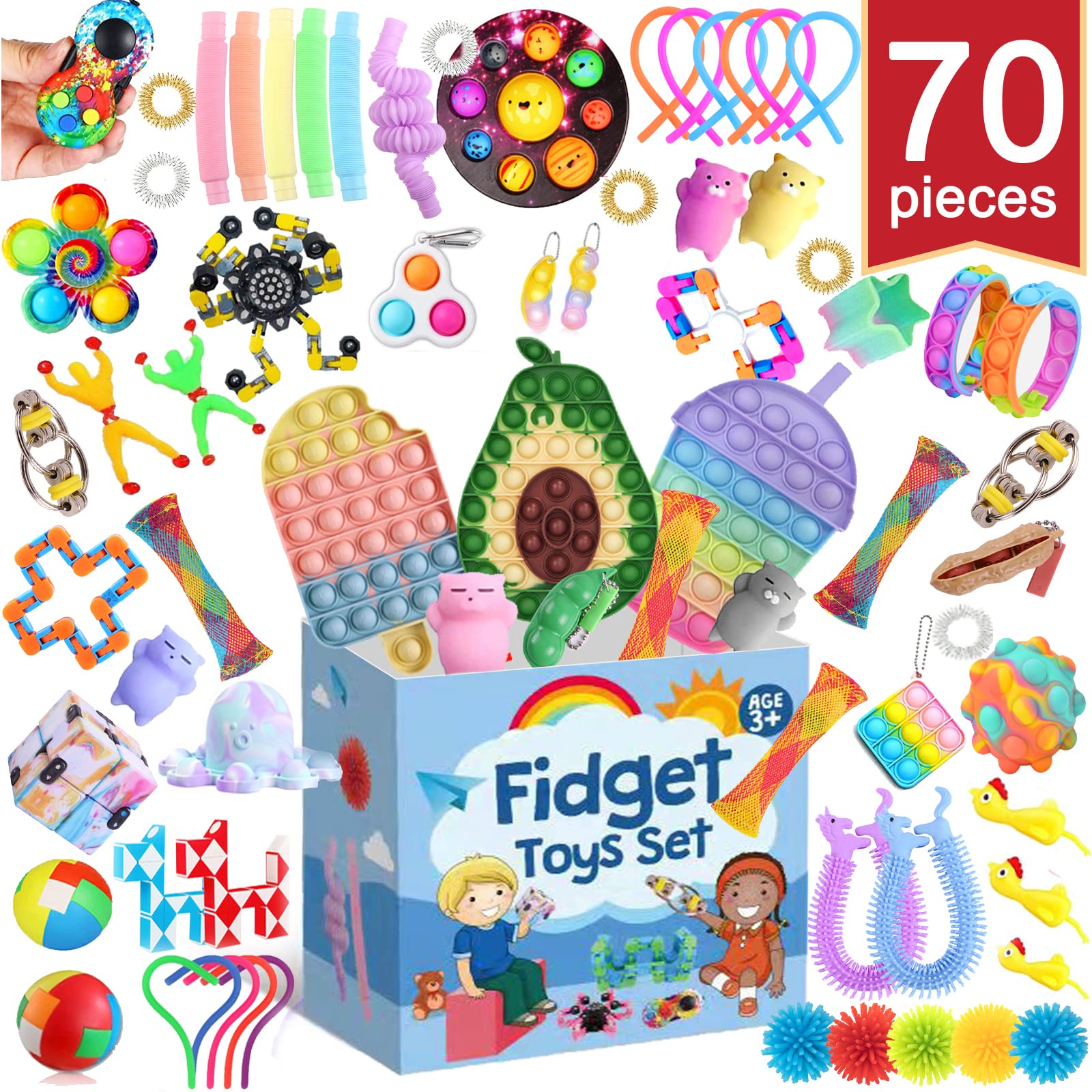 Easter Basket Stuffers - 24-Piece Fidget Toy Set with Ice Cream, Pineapple Drink Cup, Rainbow Spring Pad, Stress Ball, Infinity Cube & Marble Mesh Pop Tube - Sensory Toys for Kids & Adults - Perfect for Stress Relief, Autism, ADHD & Classroom Rewards