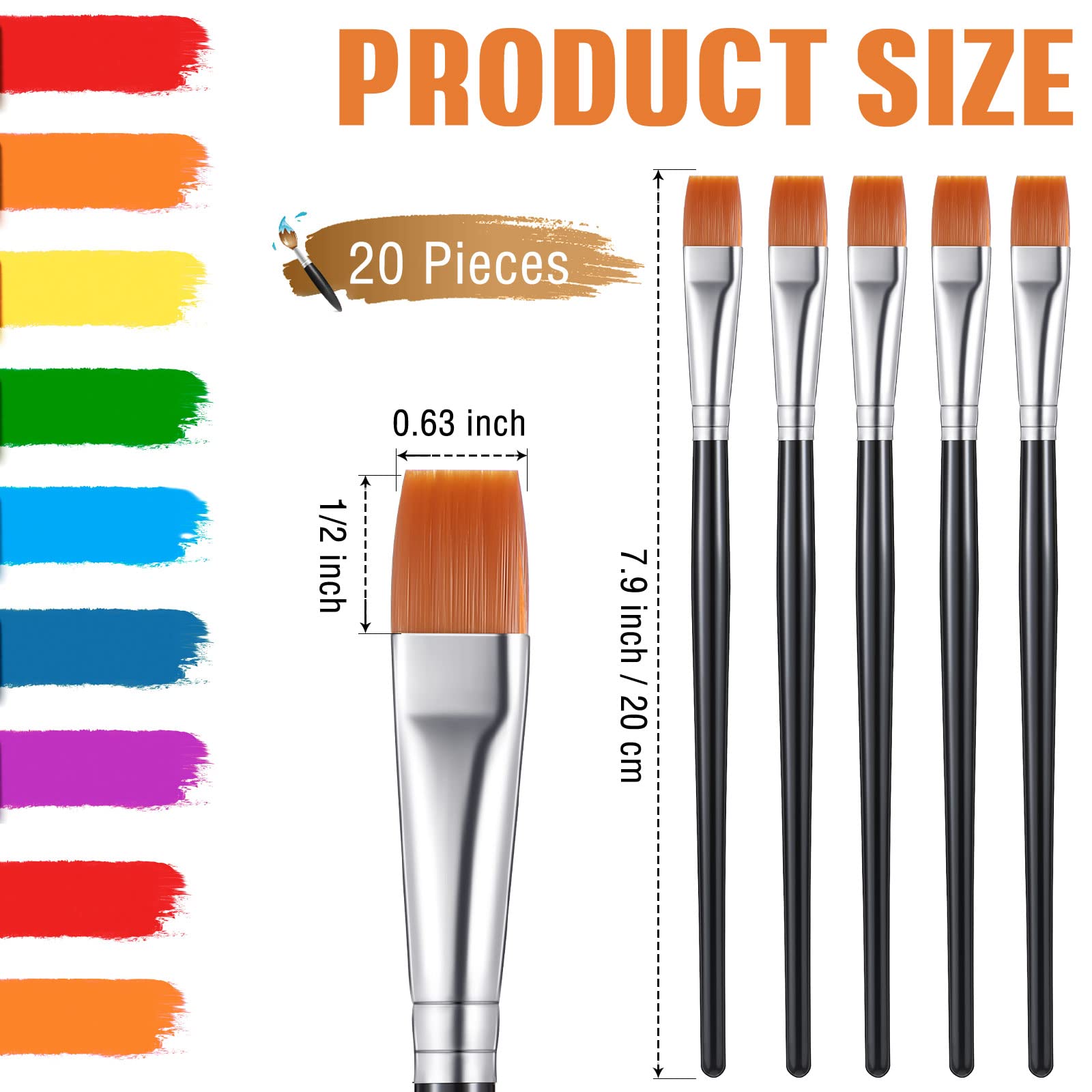 Zonon 20-Piece Flat Paint Brush Set - 1/2 Inch Acrylic, Oil & Watercolor Paint Brushes for Canvas, Face & Detail Painting - Bulk Artist Brushes for Adults & Professional Art Projects - Perfect for Studio, Classroom & DIY Crafts