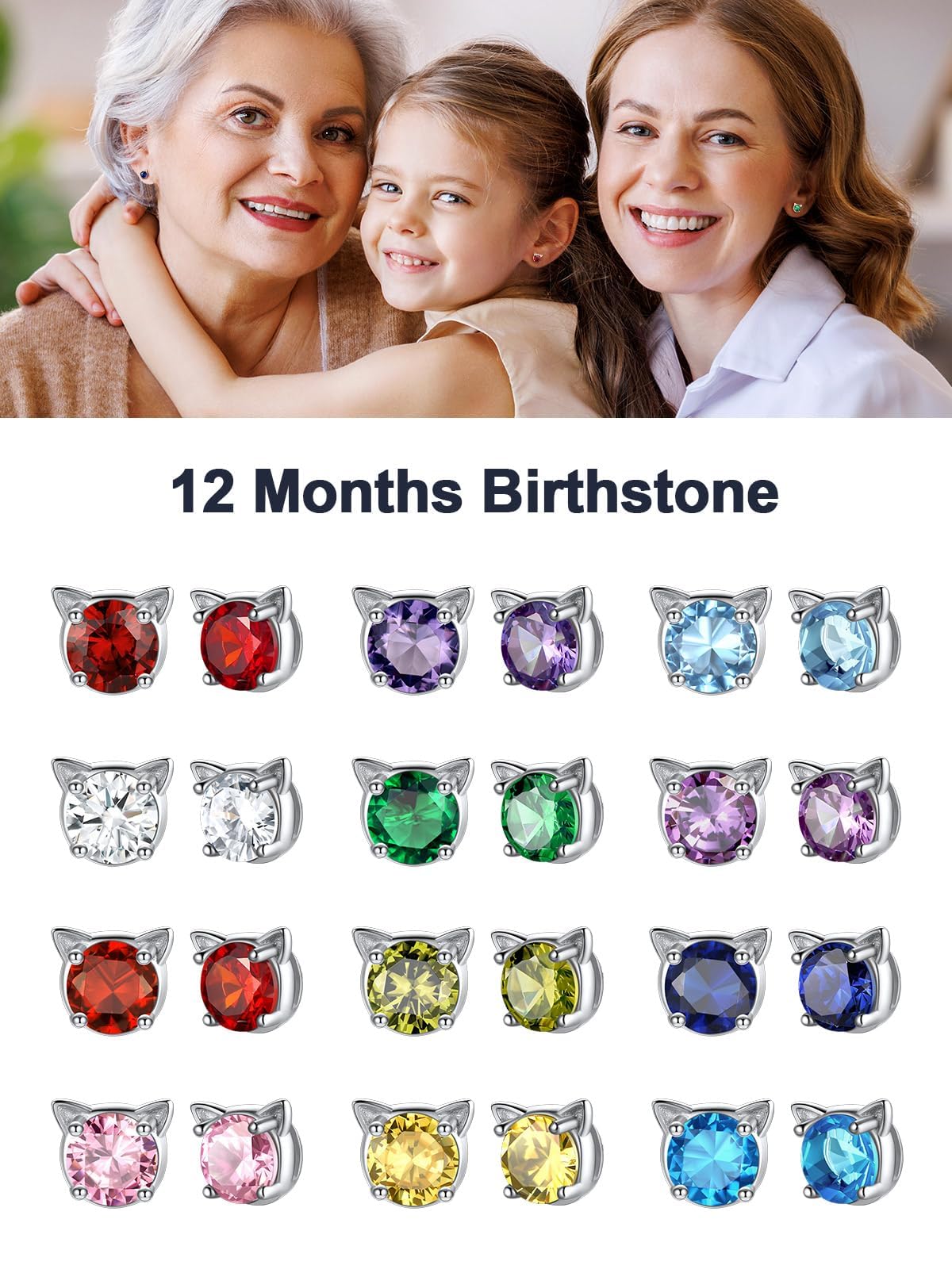 U7 Cat Stud Earrings - Silver, Black, Gold Faux Pearl Kitten Earrings Set with Birthstone | Cute Women & Teen Girls Jewelry Gift for Birthday, Christmas & Everyday Wear
