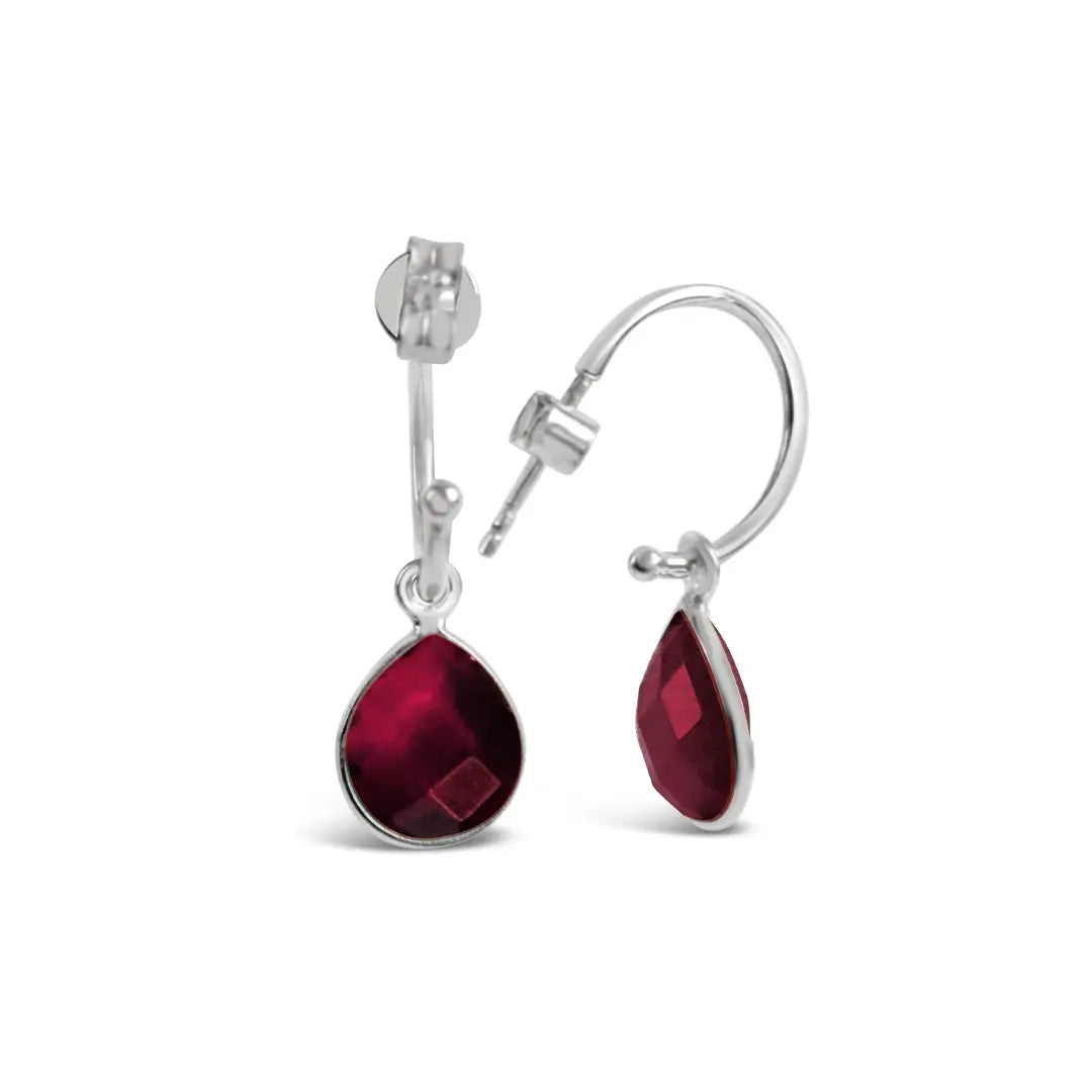 Garnet Drop Hoop Earrings in Sterling Silver | January Birthstone Jewelry for Women | Perfect for Valentine's Day Gifts & Anniversary Celebrations